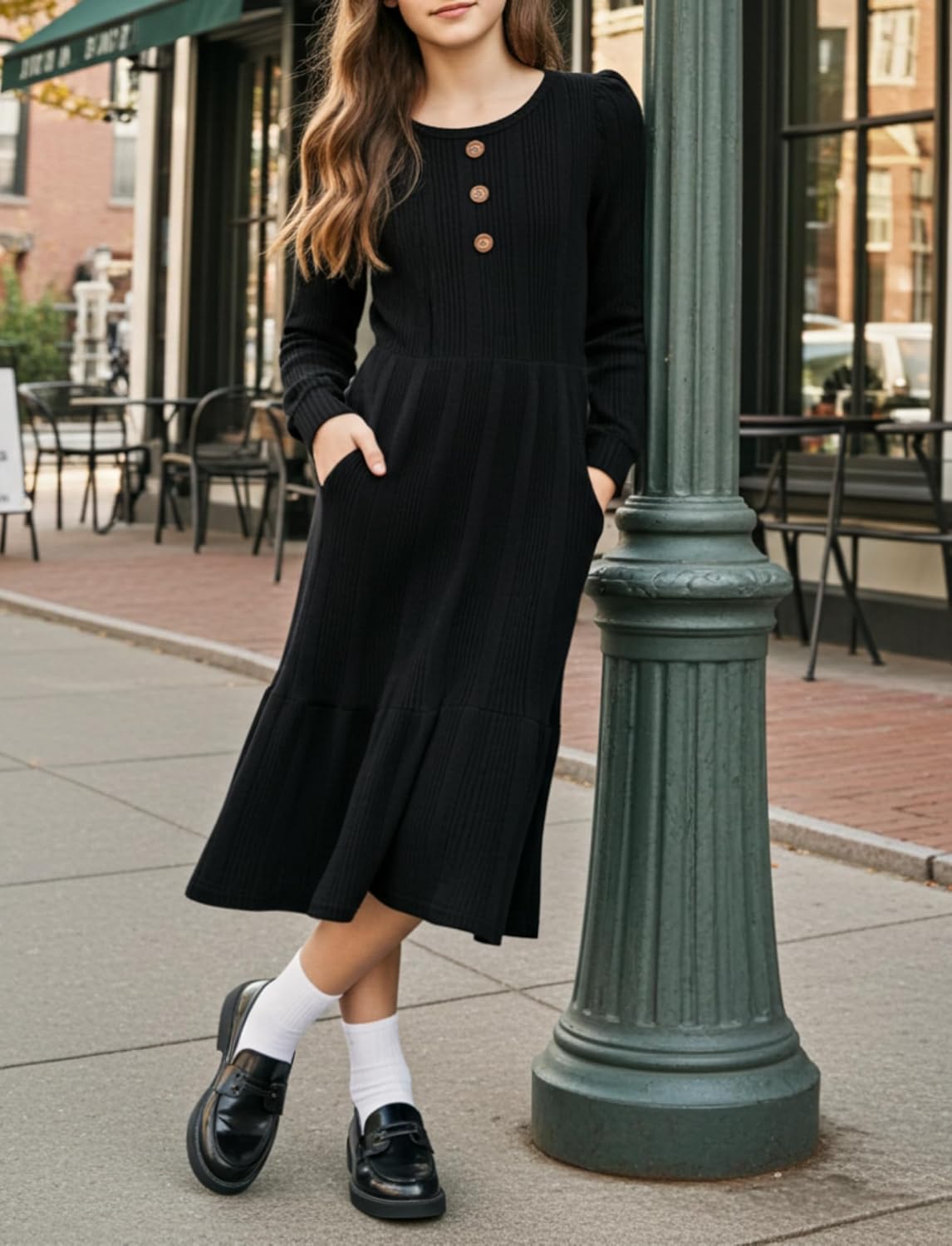 PATPAT Girl's Long Sleeve Sweater Dress Casual Button Front Knit Fall Winter Dresses 5-14 Years - Image 3