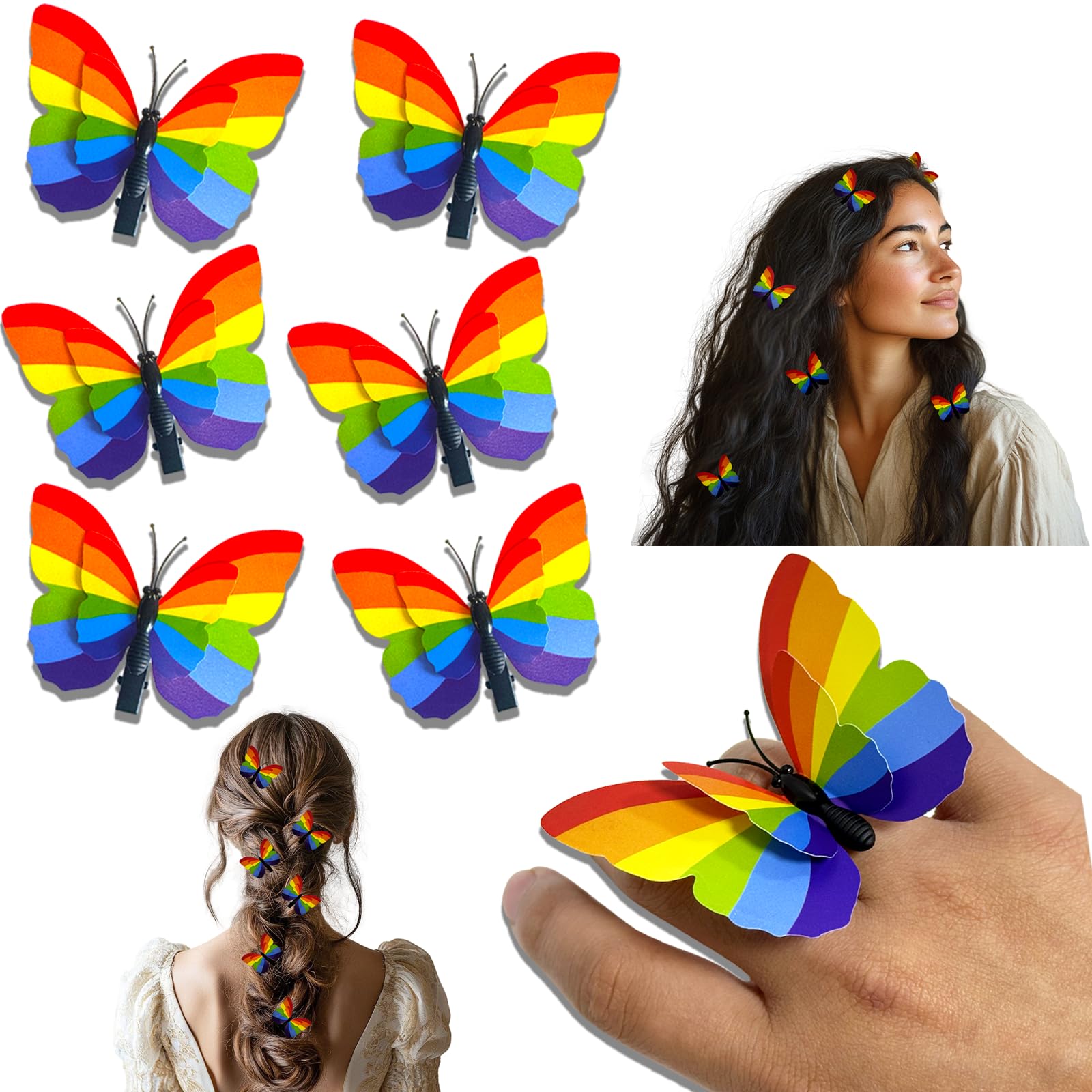 Bratrico 7-Piece Rainbow Butterfly Hair Clip & ring Set – Gay Pride Accessories for Pride Parades, Pride Month Celebrations, Cosplay, Parties, and