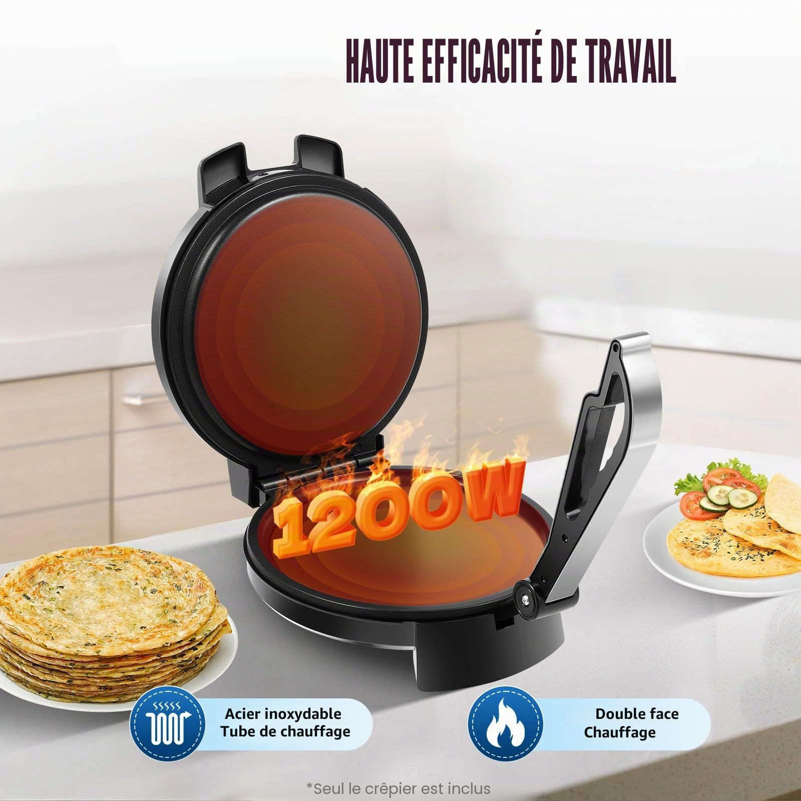 Roti Maker électrique avec chauffage double face, revêtement antiadhésif, thermostat réglable pour crêpes et pains plats