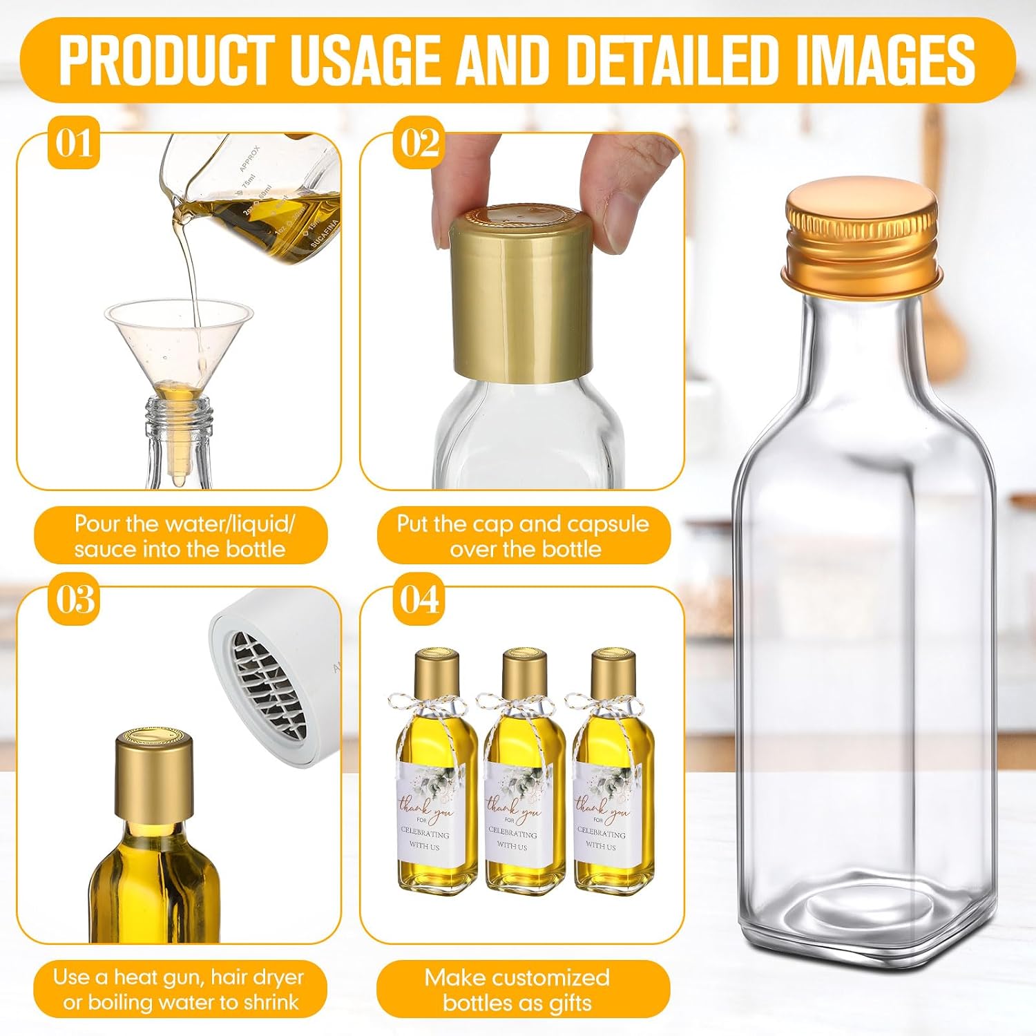 Reallnaive 40 Pack 3 oz Mini Olive Oil Bottles, Glass Leakproof Cap, Gold image 4