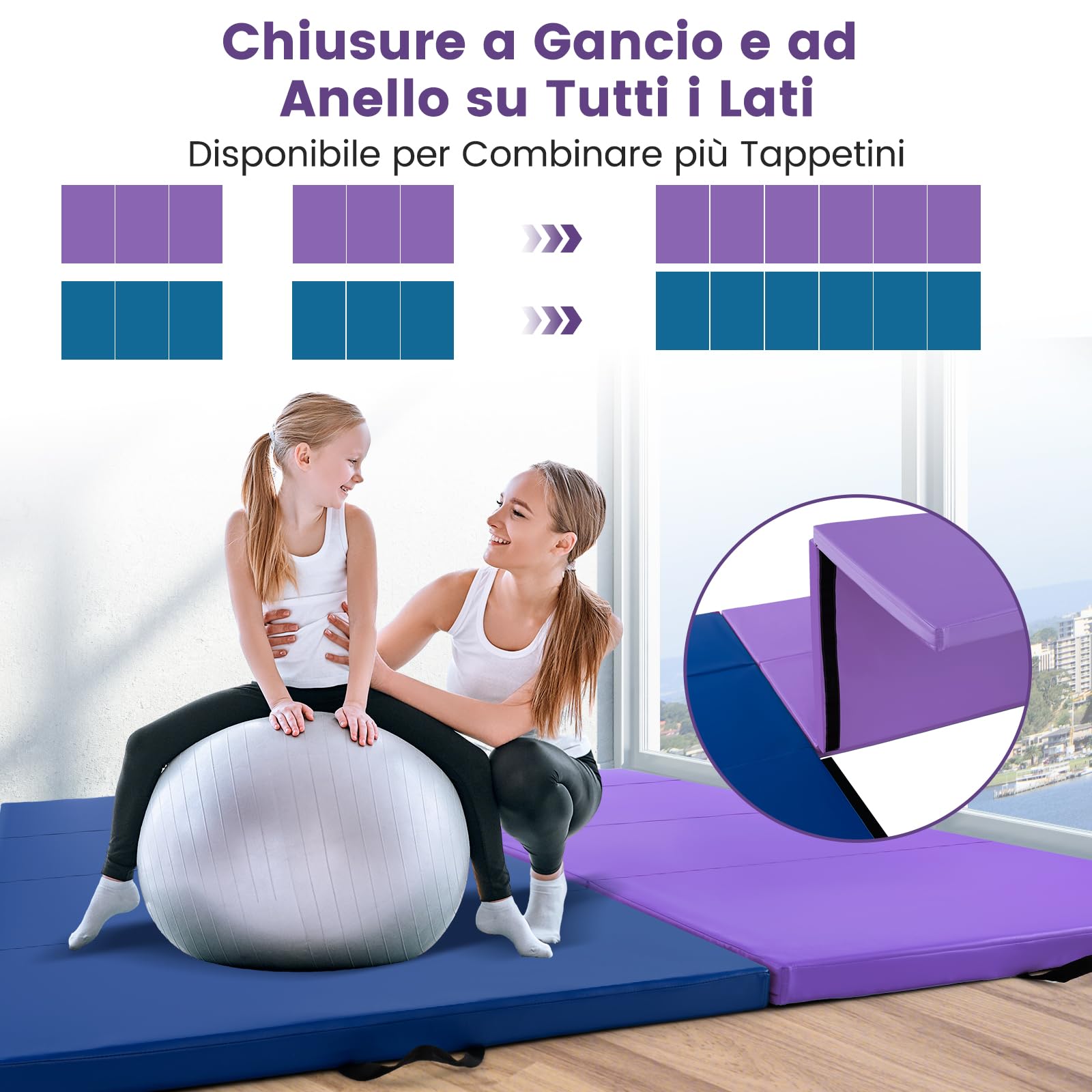 COSTWAY Tappetino Palestra Pieghevole a 4 Pannelli, Tappetino Ginnastica 300 x 117 x 5 CM con Maniglie e Chiusure a Strappo, per Ginnastica, Yoga e Stretching