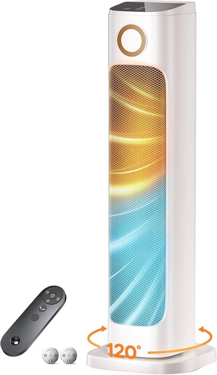 Combinación de calentador y ventilador de patio para uso en interiores, espacio en el patio trasero interior, torre de 1500 W, espacio eléctrico portátil al aire libre con control remoto, calentador infrarrojo, temporizadores de 15 horas, silencioso, para oficina, blanco