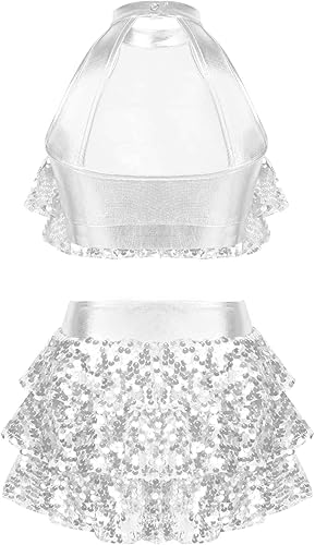 Miniatura 3 de JEATHA Top corto con lentejuelas brillantes y borla halter para niñas con minifalda jazz latino salsa samba rumba