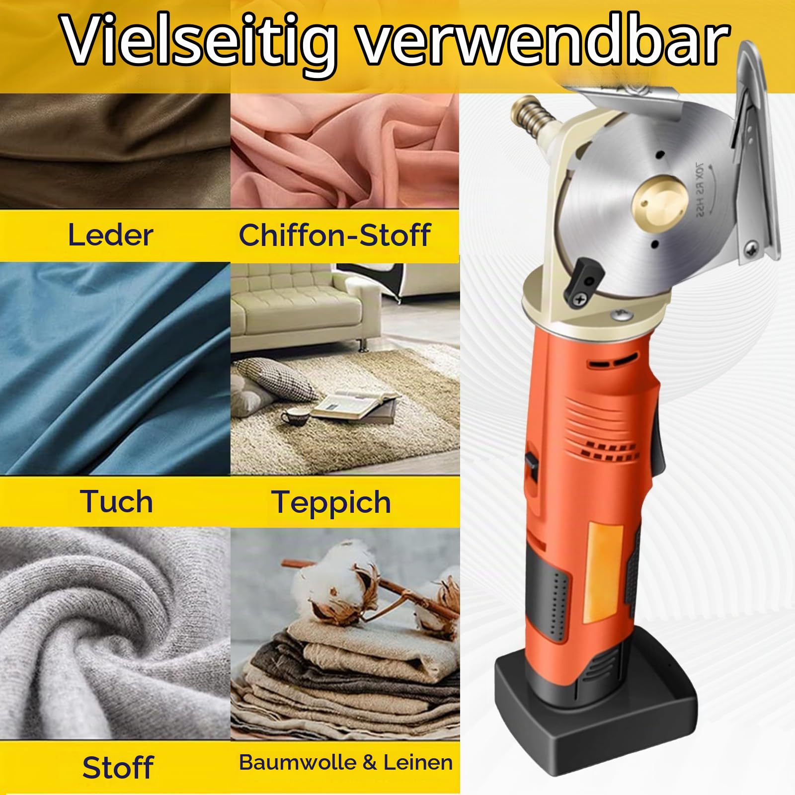 Kartonschneider, Stoffschneider Kabellos Elektrischer Stoffschneider 2 * 2000 mAh AKKU 12V 240W 70 mm Klingengröße 25 mm Max Schnittdicke Enthält 2 Ersatzklingen (insgesamt 3) für Tuch Stoff Teppich