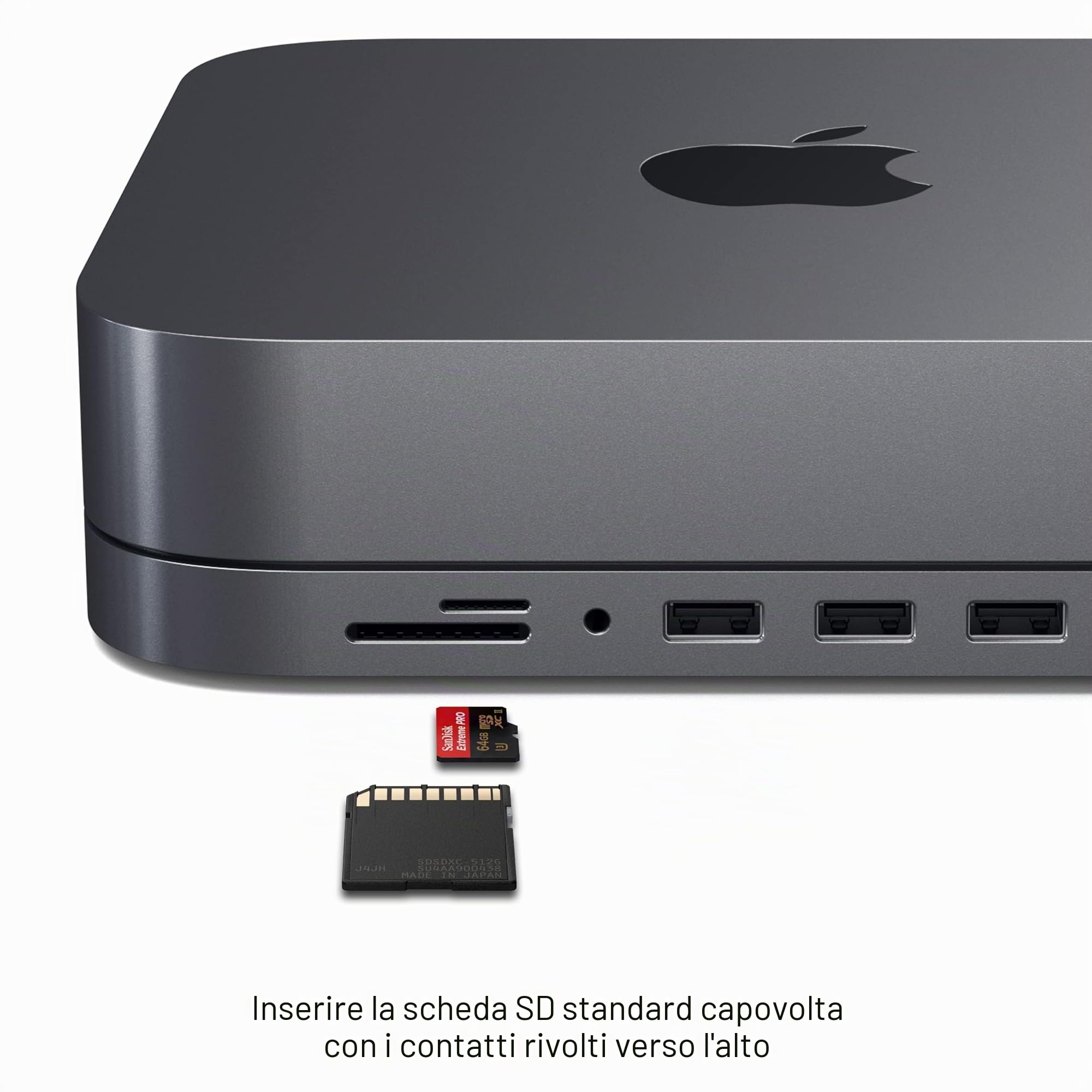 SATECHI Hub USB C e Supporto 7 in 1 per Mac Mini M2/M1 con 3x Porte USB-A e 1x USB-C a 5 Gbps, Lettori Micro/SD, USB 3.0 e Porta Audio 3,5 mm (Non Compatibile con Mac Mini M4) Grigio Siderale