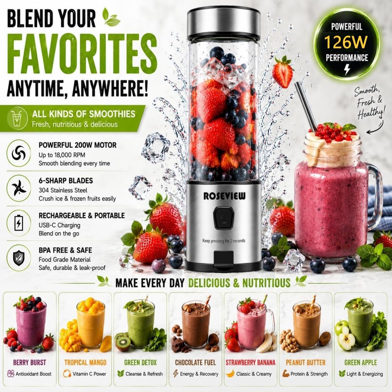 Tragbarer Smoothie-Mixer, Glasflasche, Mini-USB, wiederaufladbar, 2 Batterien, Hand-Shakes, Mischbecher, USB-Entsafter, kabellos, persönlicher Smoothies-Mixer