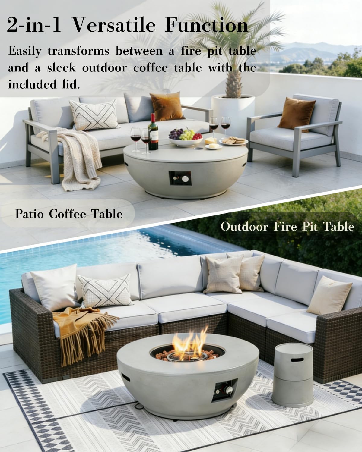 36" Propane Gas Fire Pit Bowl Set, 50000 BTU Round Steel Fire Pit Table with Lid & Lava Rocks, Portable Outdoor Fire Pit Table for Patio,Deck,Garden, and Backyard, Grey