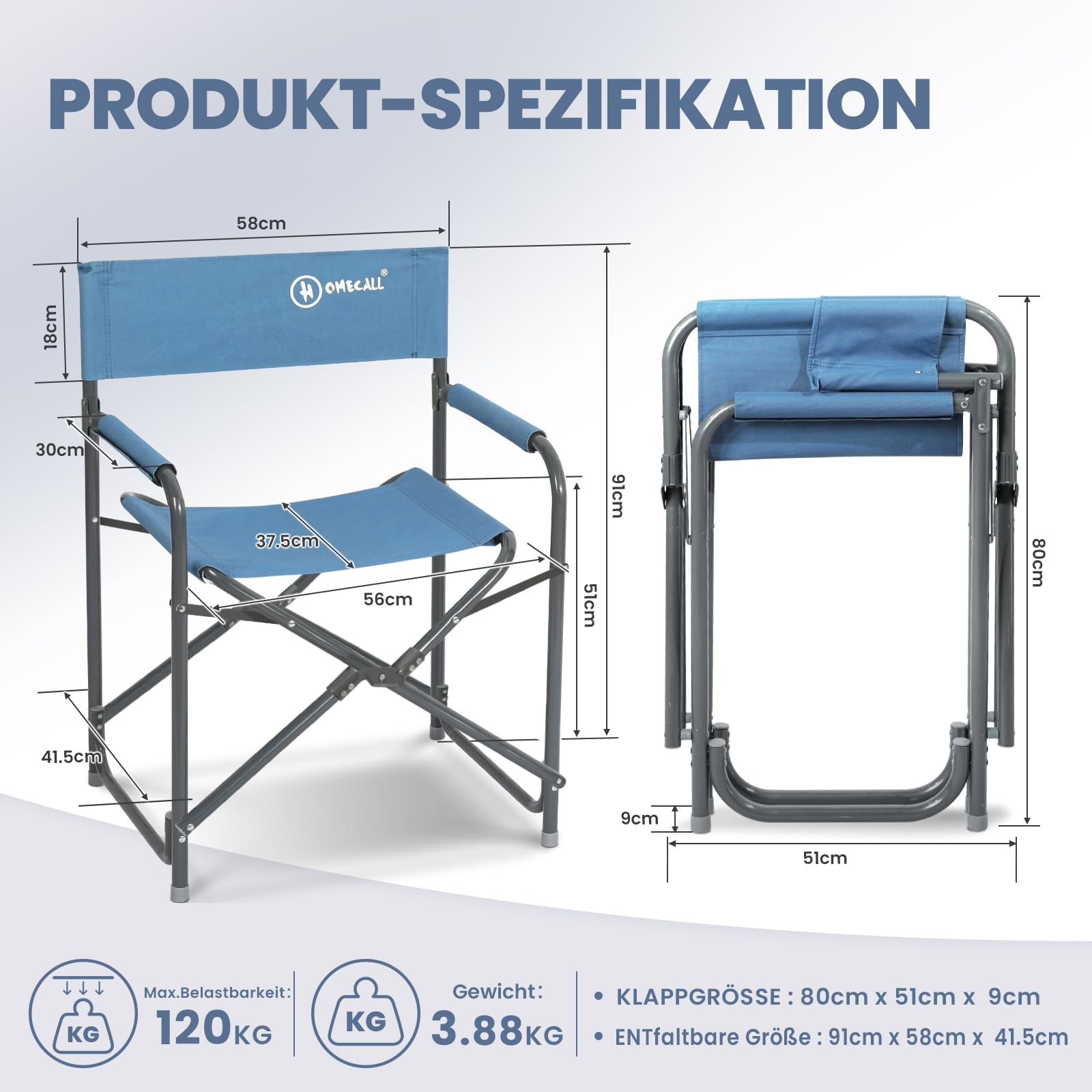 Homecall Campingstuhl Faltbar Ultralight Klappstuhl Regiestuhl Camping Stuhl Bis 120KG - Campingstuhl Kleines Packmaß Alu Gartenstuhl Klappbar Leicht Angelstuhl für Outdoor, Camping, Garten