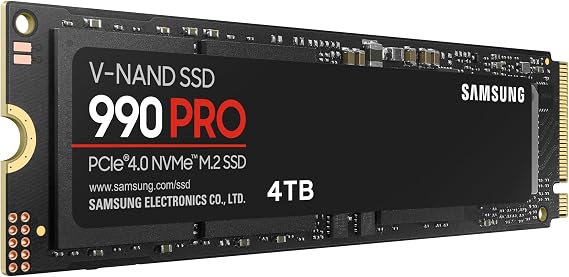 Samsung 990 PRO NVMe M.2 SSD, 4 TB, PCIe 4.0, 7,450 MB/s read, 6,900 MB/s write, Internal SSD, For gaming and video editing, MZ-V9P4T0BW