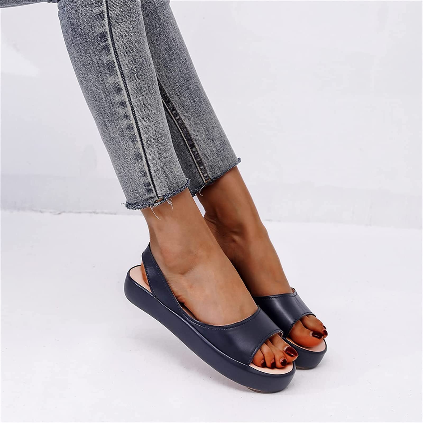 OMIREL Wedge Sandals for Women Elastic Ankle Strap Sandals Open Toe Summer Platform Shoes Sandal Slide on Fish Mouth Orthopedic with Arch Support Comfortable Outdoor Shoes,Blue,US8/EU39