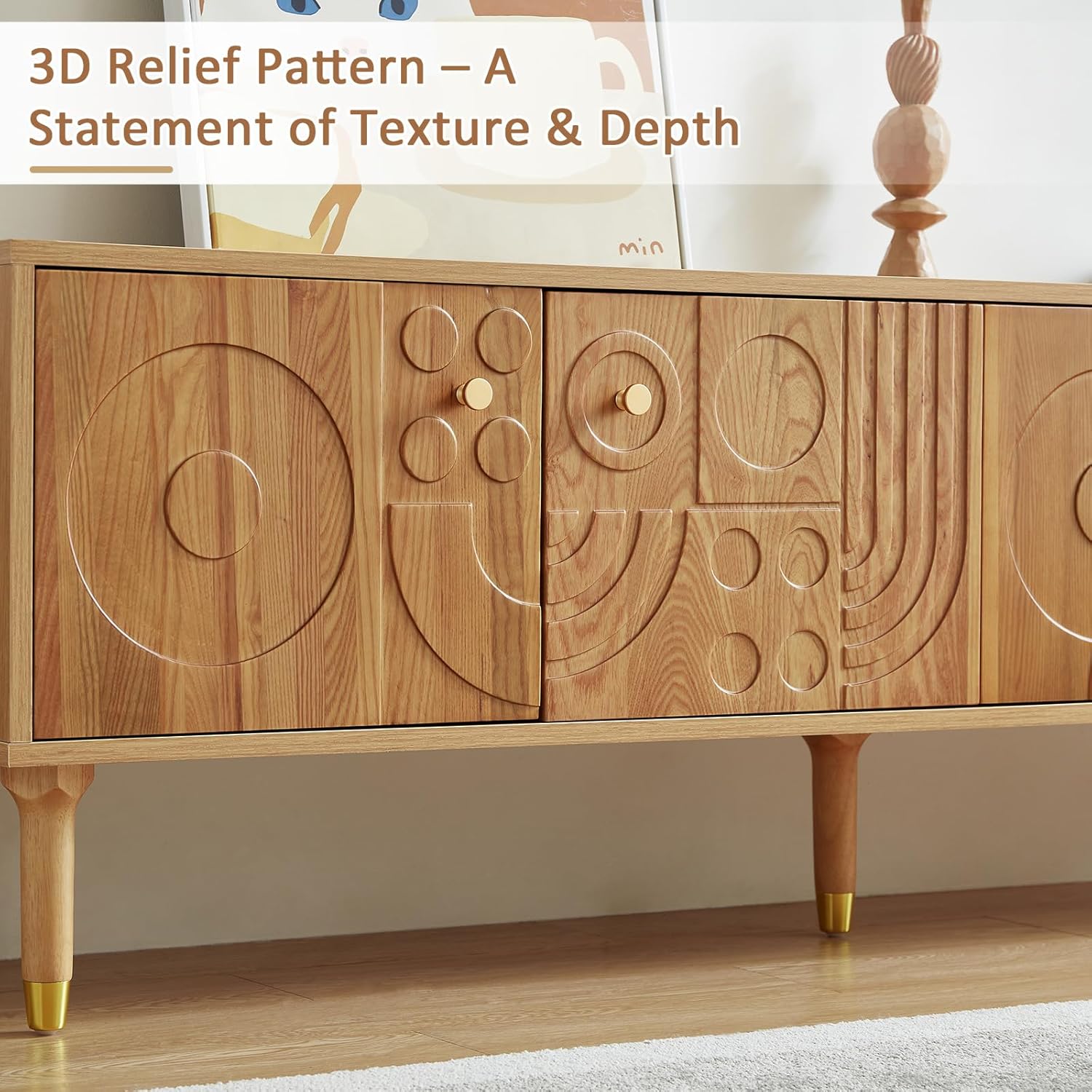 XEW Mid-Century TV Stand with Artistic Carved Doors, Modern TV Console with 4 Cabinet Storage, Retro Media Console for 50-80 inch TV, Entertainment Center for Living Room - 70.9IN/Wood