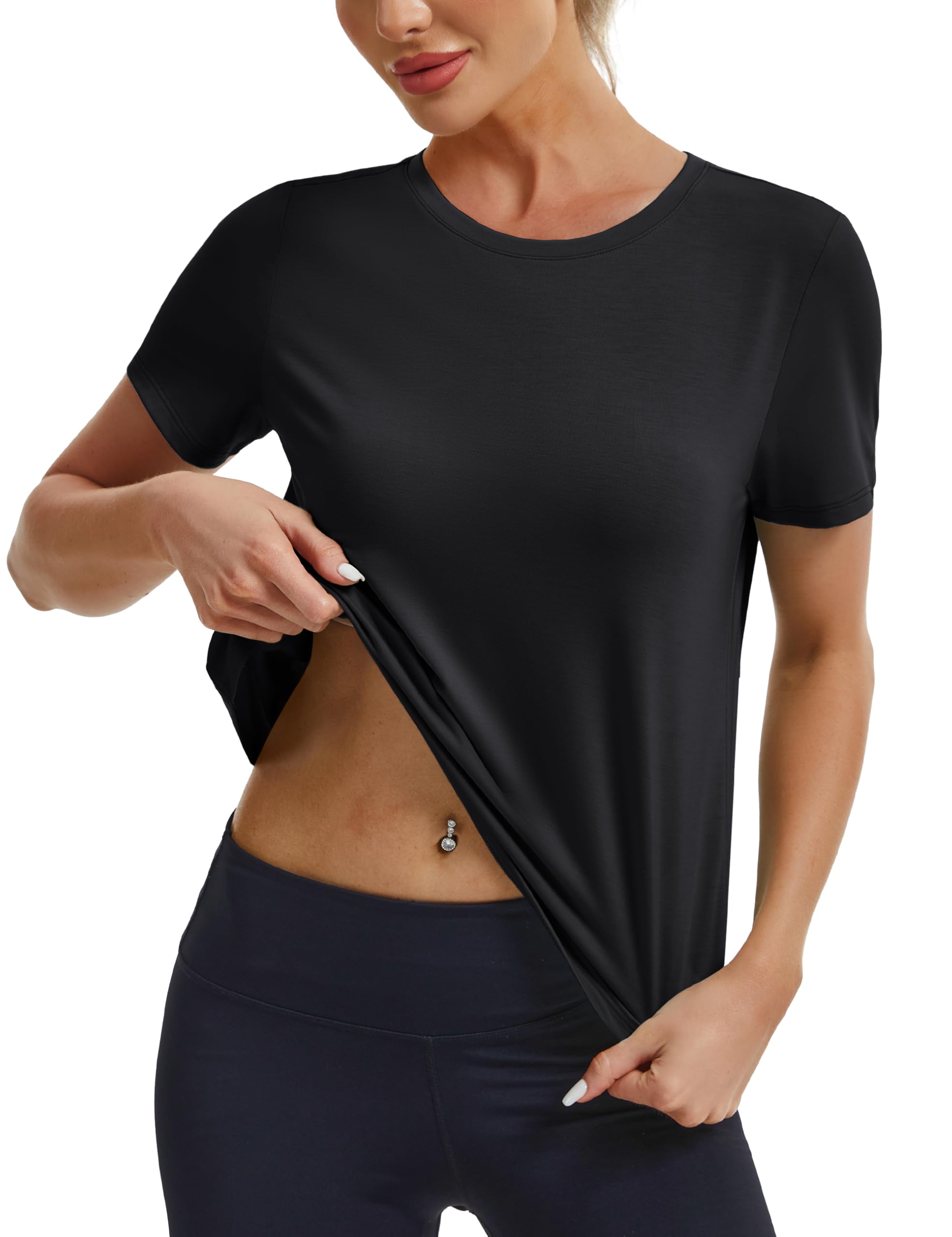 MAGCOMSEN Breathable Athletic Tops for Women Quick Dry Moisture Wicking Crop Tees Gym Sports Split Back Loose Black L