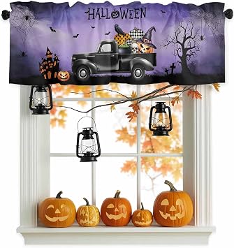 Halloween Valance Curtain for Kitchen,Farm Truck Pumpkin Ghost Face Window Valances,Skeleton Crow Haunted Castle Rod Pocket Curtain Purple Fog Window Treatment for Bedroom Bathroom Laundry Room