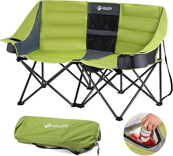 VILLEY Double Camping Chair w/Cooler Bag, Extra Wide Loveseat, Heavy Duty Padded Camping Couch, Portable Folding Chair w/Carry Bag Steel Frame Cup Holders for Camp Lawn Picnic Sports, Suppor