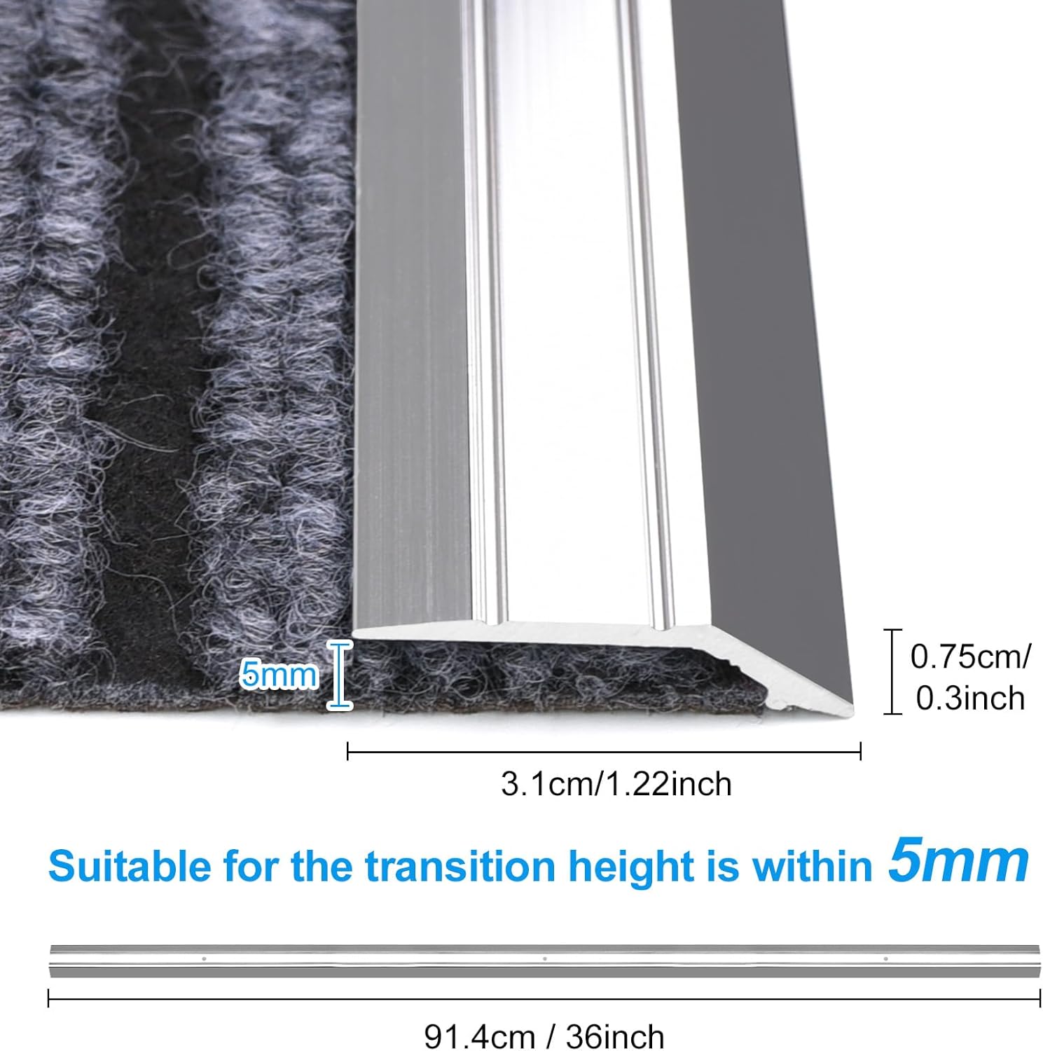6-Pack Metal Carpet Floor Transition Strips, 36in Carpet to Tile Floor Edging Trim Strip, Aluminum Threshold Strip Suitable for Threshold Height Less Than 5mm (Silver)