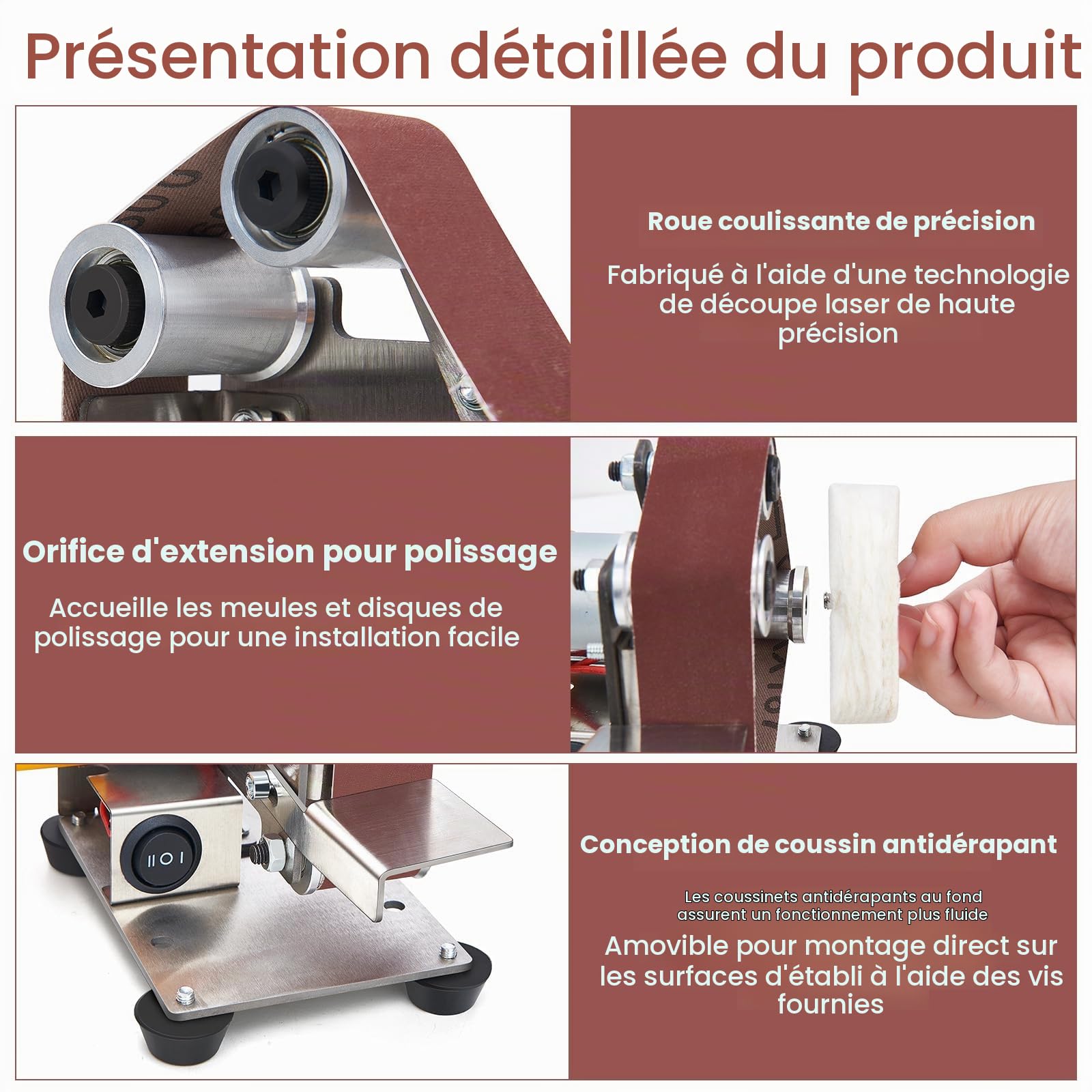 Mini Ponceuse à Bande, Ponceuse Stationnaire, Vitesse Réglable à 7 Vitesses Avec Bande Abrasive, Meules Et Meules De Polissage Pour Le Métal, Le Bois, Bricolage, Outils Et Affûtage