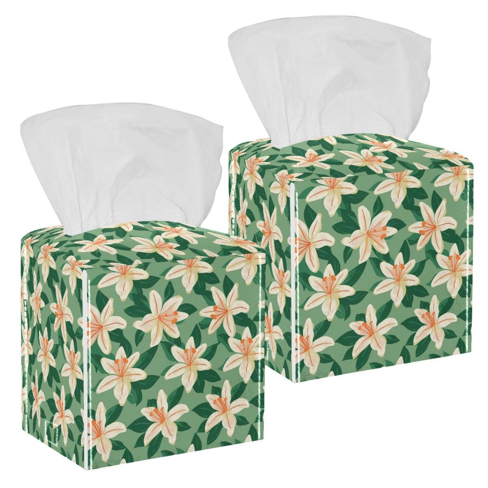 Lily Prints Tissue Box Cover, 2 Pack PU Leather Square Facial Tissue Dispenser Box holder for Home Office Car