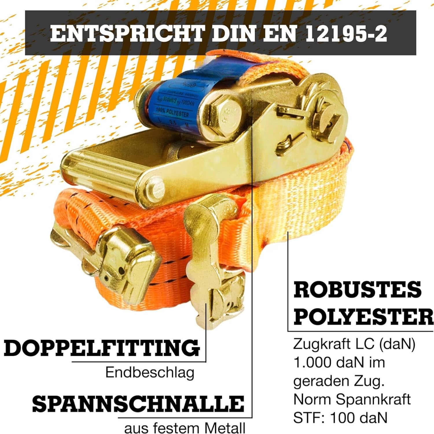 Safetytex Spanngurt Doppelfitting Airlineschiene 35mm 5m 1000kg | 2-teiliger Ratschengurt mit hoher Tragkraft für Zurrschienen, hochfeste Ladungssicherung und sicheren Transport