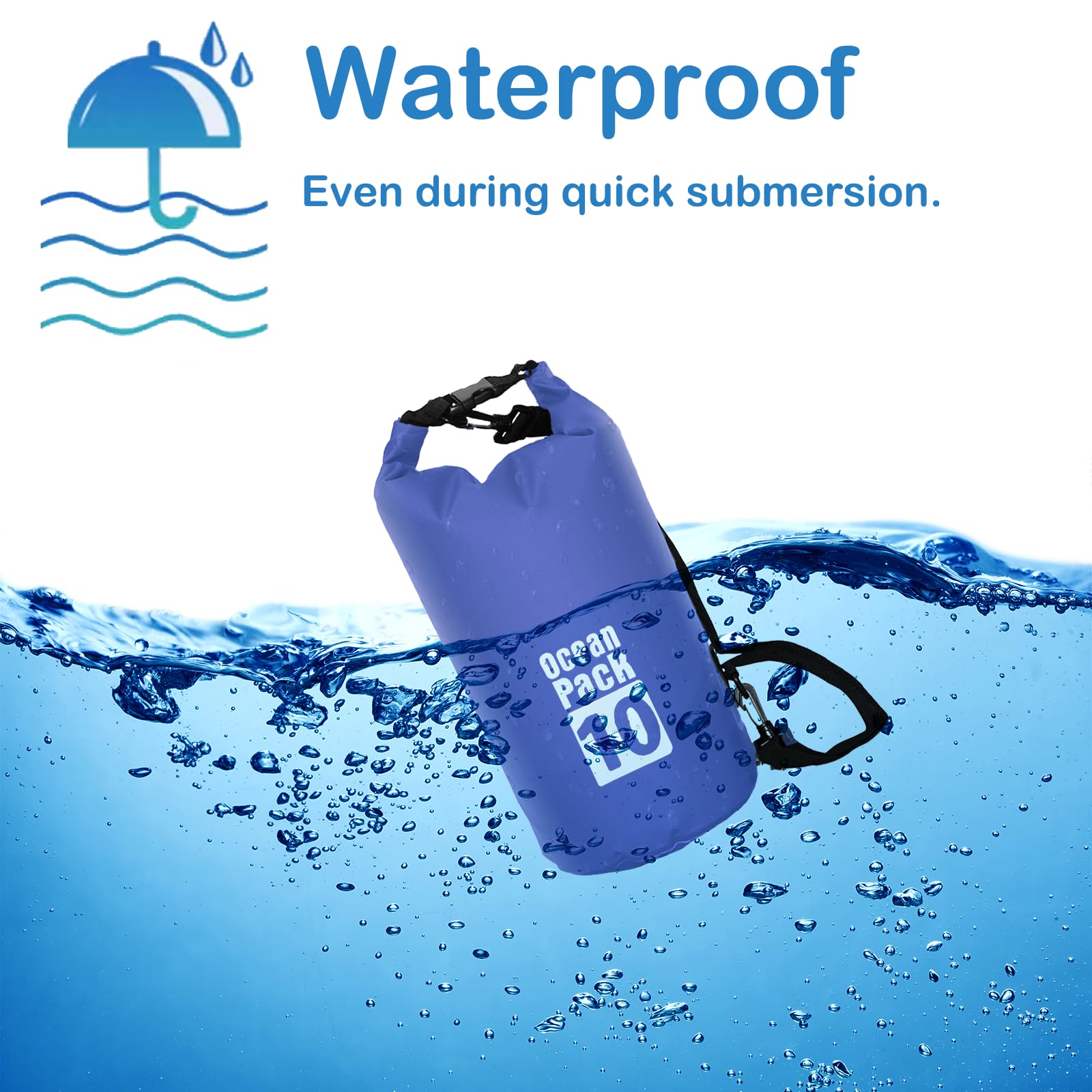 POPOYU 10L Borsa Impermeabile,Blu Waterproof Zaino Impermeabile Sacco Impermeabile con Tracolla Regolabile,2L/5L/10L/15L/20L/30L Dry Bag per Outdoor Sport Acquatici,Barca, Pesca, Rafting, Nuoto