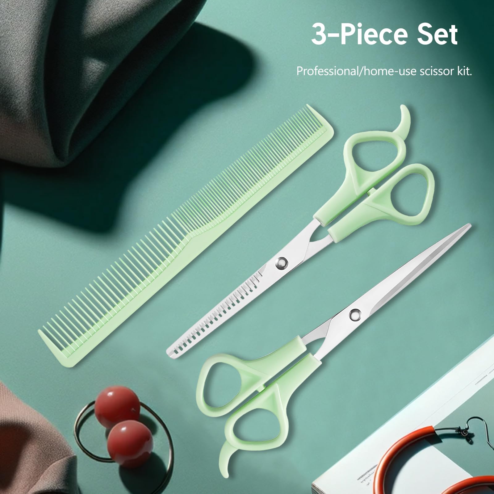 Tijeras de corte de cabello, juego de 2 tijeras profesionales de acero inoxidable de 6 pulgadas con cuchillas afiladas y 1 peine para hombres, mujeres, niños y mascotas, color verde 7