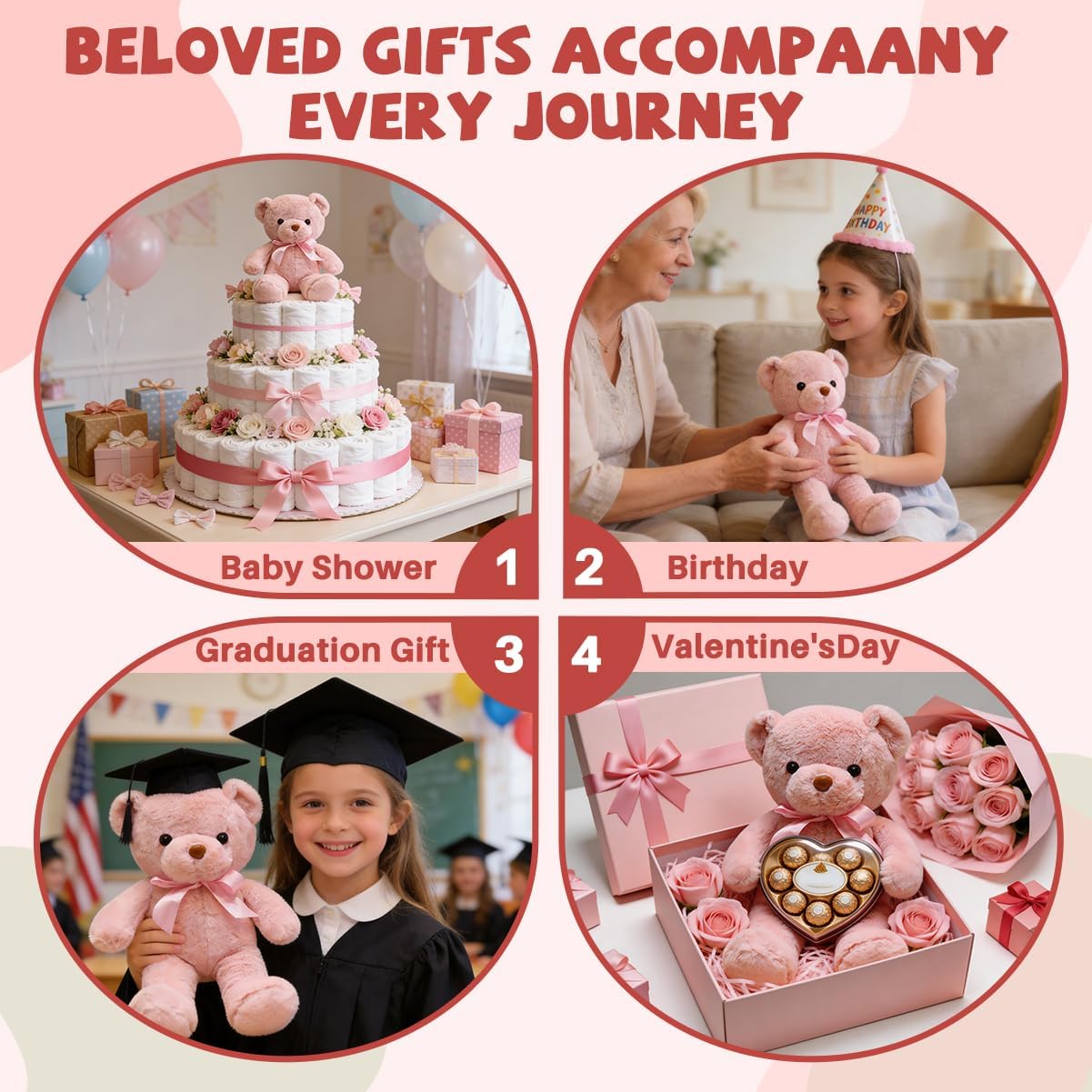 6 Pcs Pink Teddy Bear Stuffed Animal 13.4” Soft Small Stuffed Teddy Bears Baby Shower Bulk Cute Cuddly Bear Plush Toys Birthday Wedding Party Easter Gifts for Kids Girls Wife