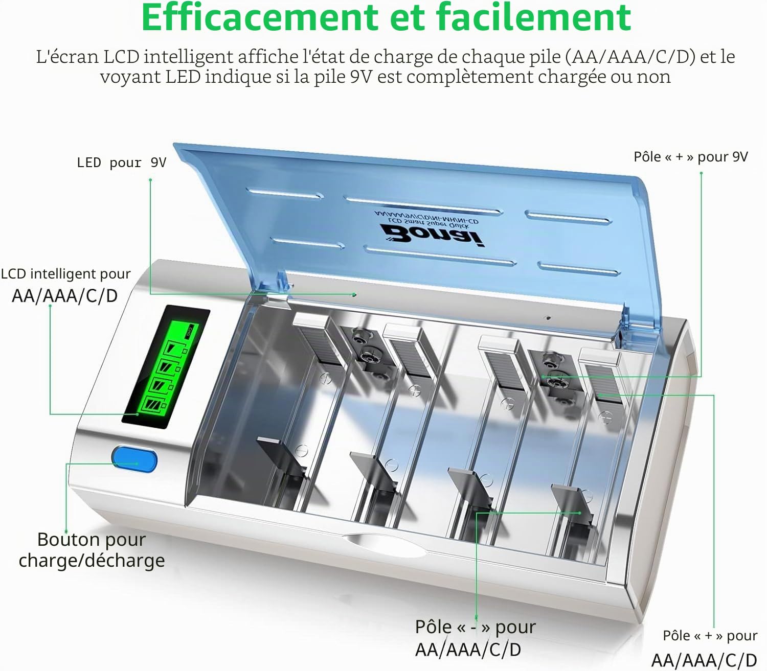 BONAI Chargeur Piles Rechargeable Universel pour AA/AAA/C/D NiMH et 9V Lithium, LCD, Fonction Décharge, Charge Rapide