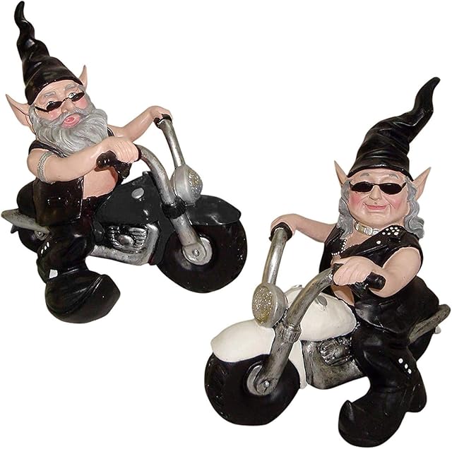 monshop 2 PCS Garden Gnome Statue, Cool Biker Old Man Dwarf Ornaments, Naughty Gnomes Garden Resin Outdoor Figurine For Patio Yard Lawn Porch Decorations, Funny Motorbike Gifts, Full Color (4.8inch)