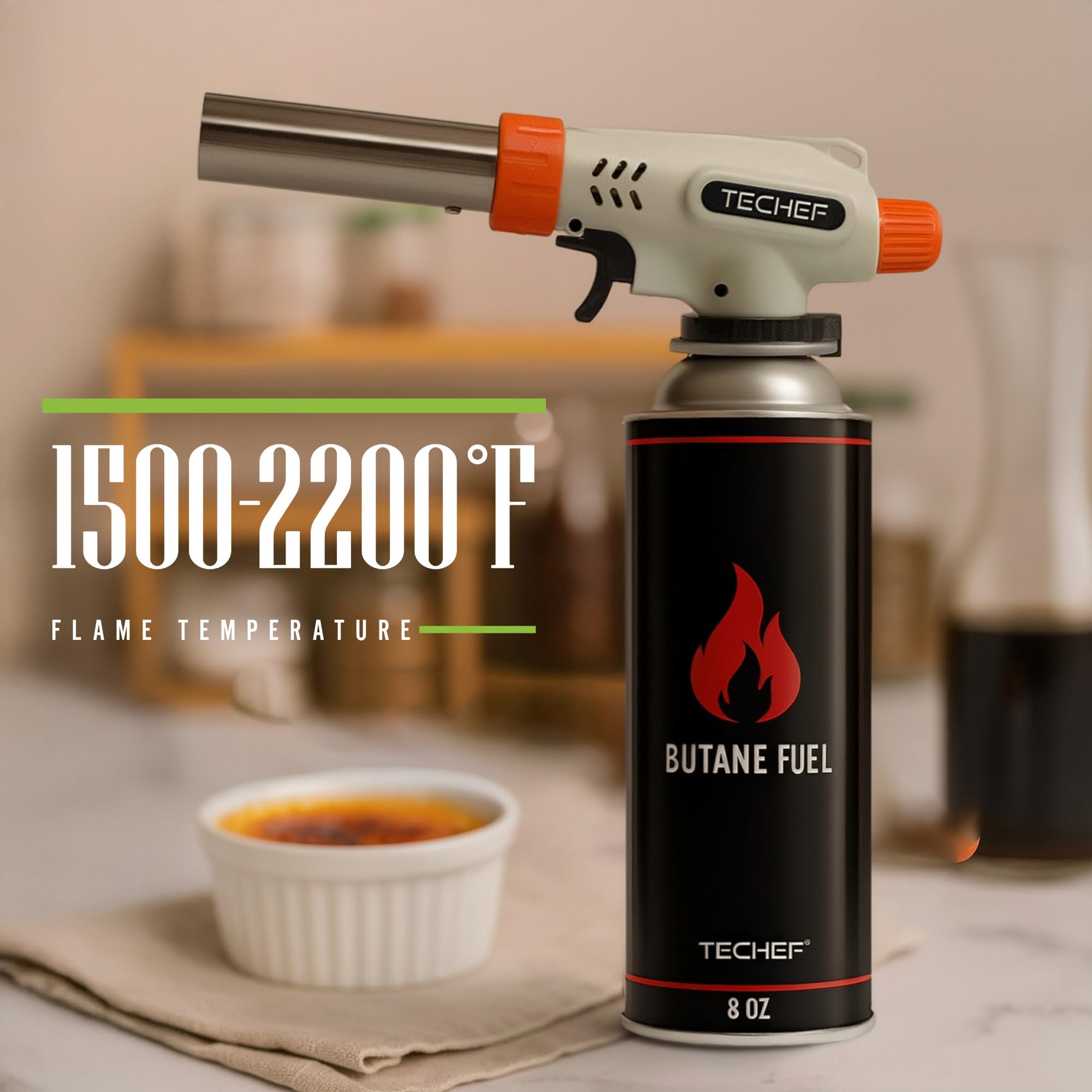 TECHEF Antorcha de butano – Antorcha de butano de cocina profesional culinaria | Fuerza ajustable en forma de llama -16.6 °C | filetes abrasadores, crema brulee, hornear | Anti-flare | Combustible