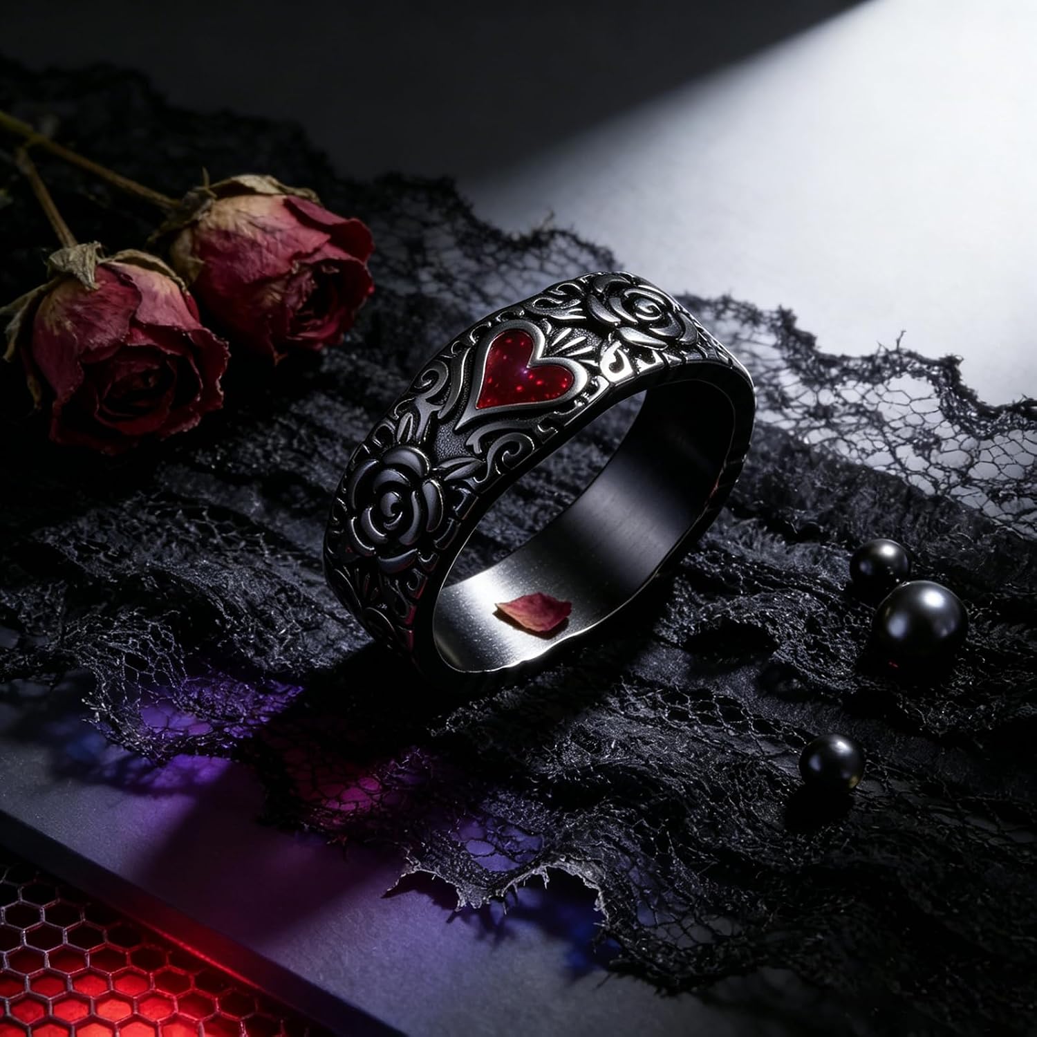 Vintage Silver Gothic Heart Rose Ring for Women, Red Enamel Statement Rings Cocktail Party Goth Y2K Punk Rock Jewelry