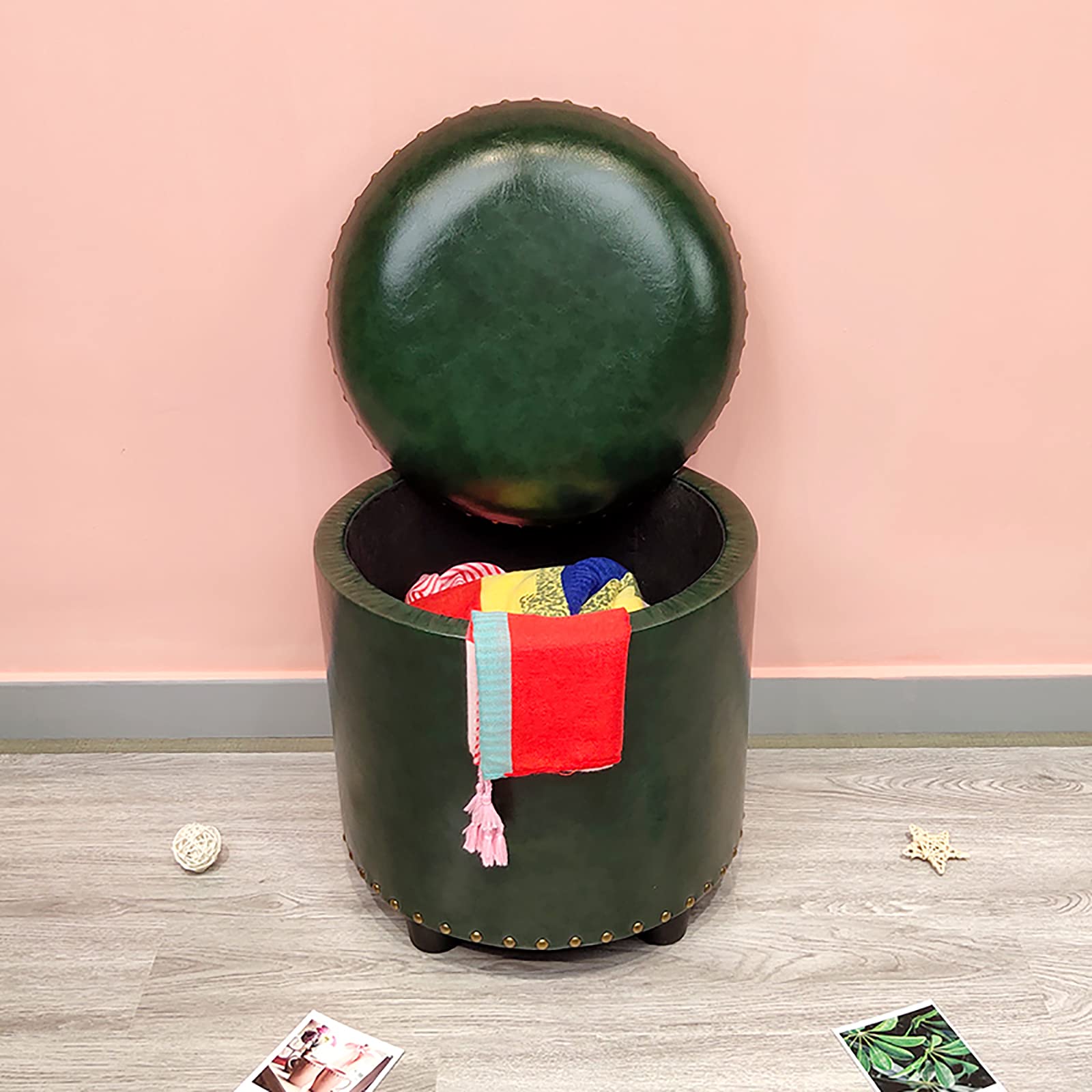 Pouf de rangement rond avec coffre de salon et tabouret à langer en similicuir