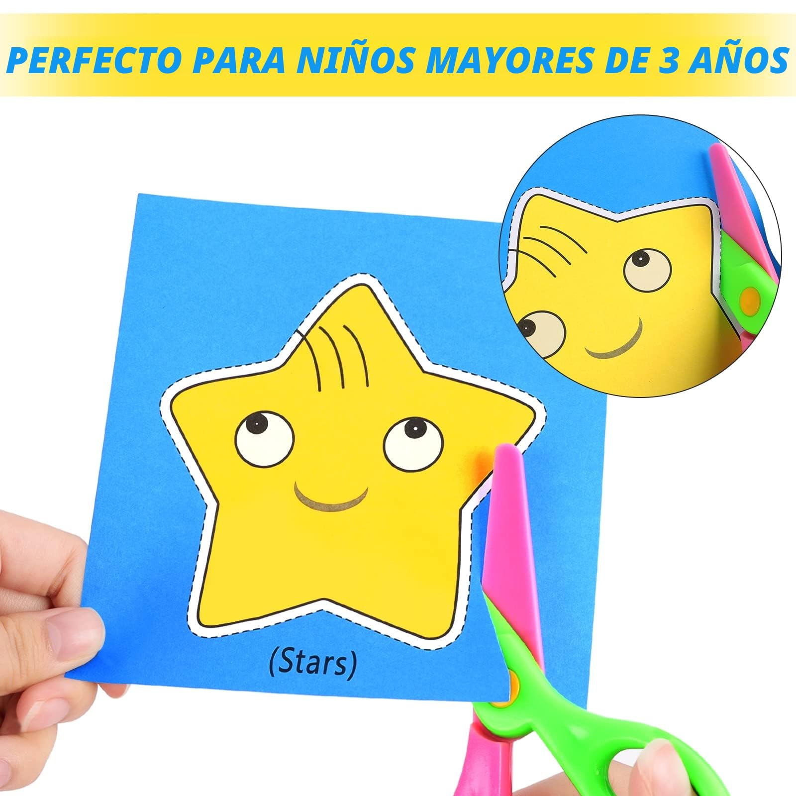 Juego de corte de papel para niños, 2 unidades de tijeras de plástico de seguridad para niños, con 96 hojas de papel con frutas de animales, tijeras para manualidades, tijeras de papel, habilidades