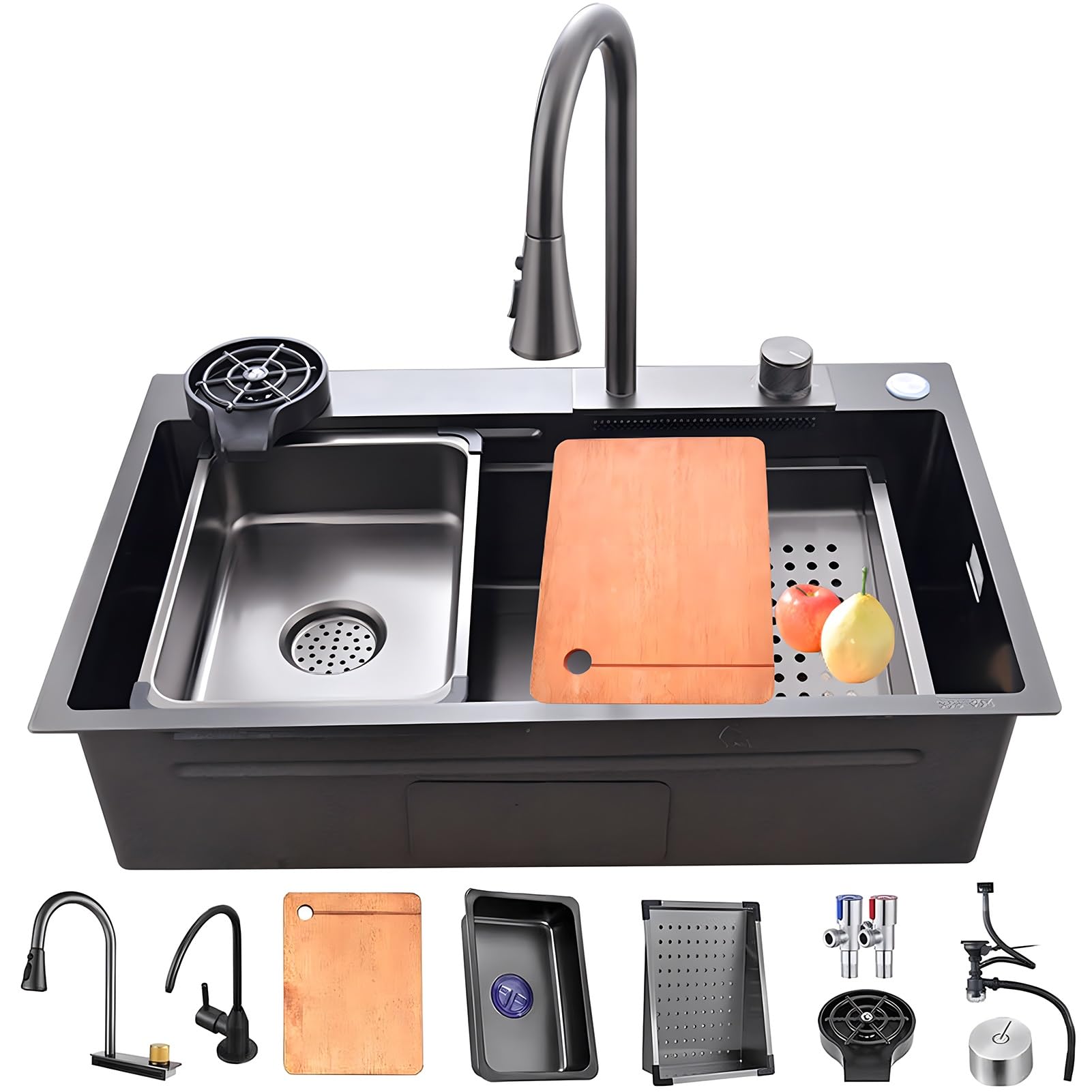 ZQFHSX Waterfall-Style Kitchen Sink, Nano Stainless Steel Single Bowl Drop In Large Capacity Workstation Sink with Multi-Functional Accessories(75x45x22cm)