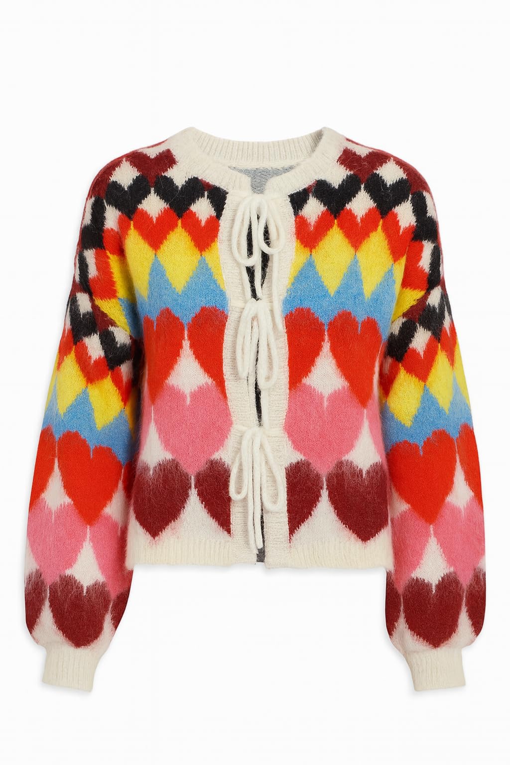 Yumi Women's Tie Front Heart Intarsia Cardigan - Large