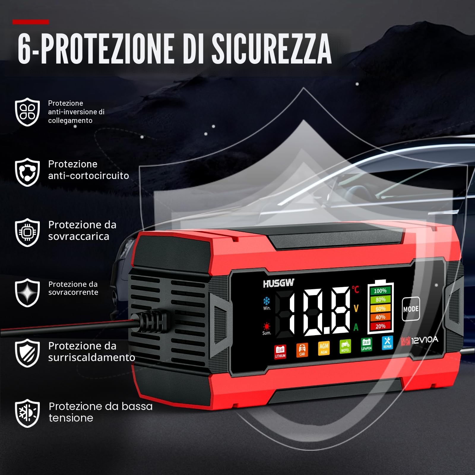 Caricabatterie LiFePO4 12V 10A per Auto Moto AGM GEL Wet SLA Rosso