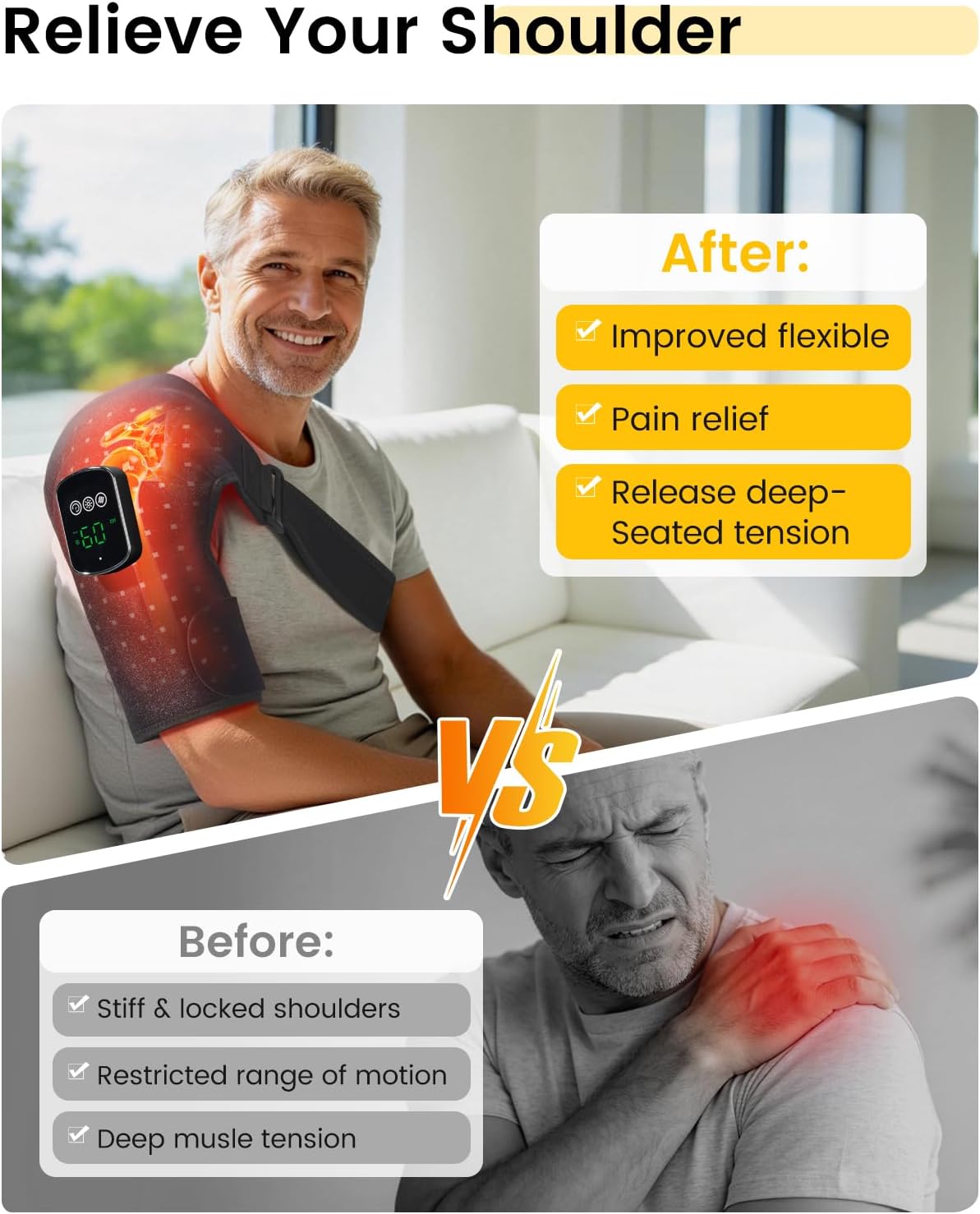Red Light Therapy for Shoulder with Vibration Massage, 660nm 850nm Near Infrared Light Therapy Shoulder Wrap, 5000mAh Cordless Heated Shoulder Pad for Discomfort, Birthday Gifts for Men Women