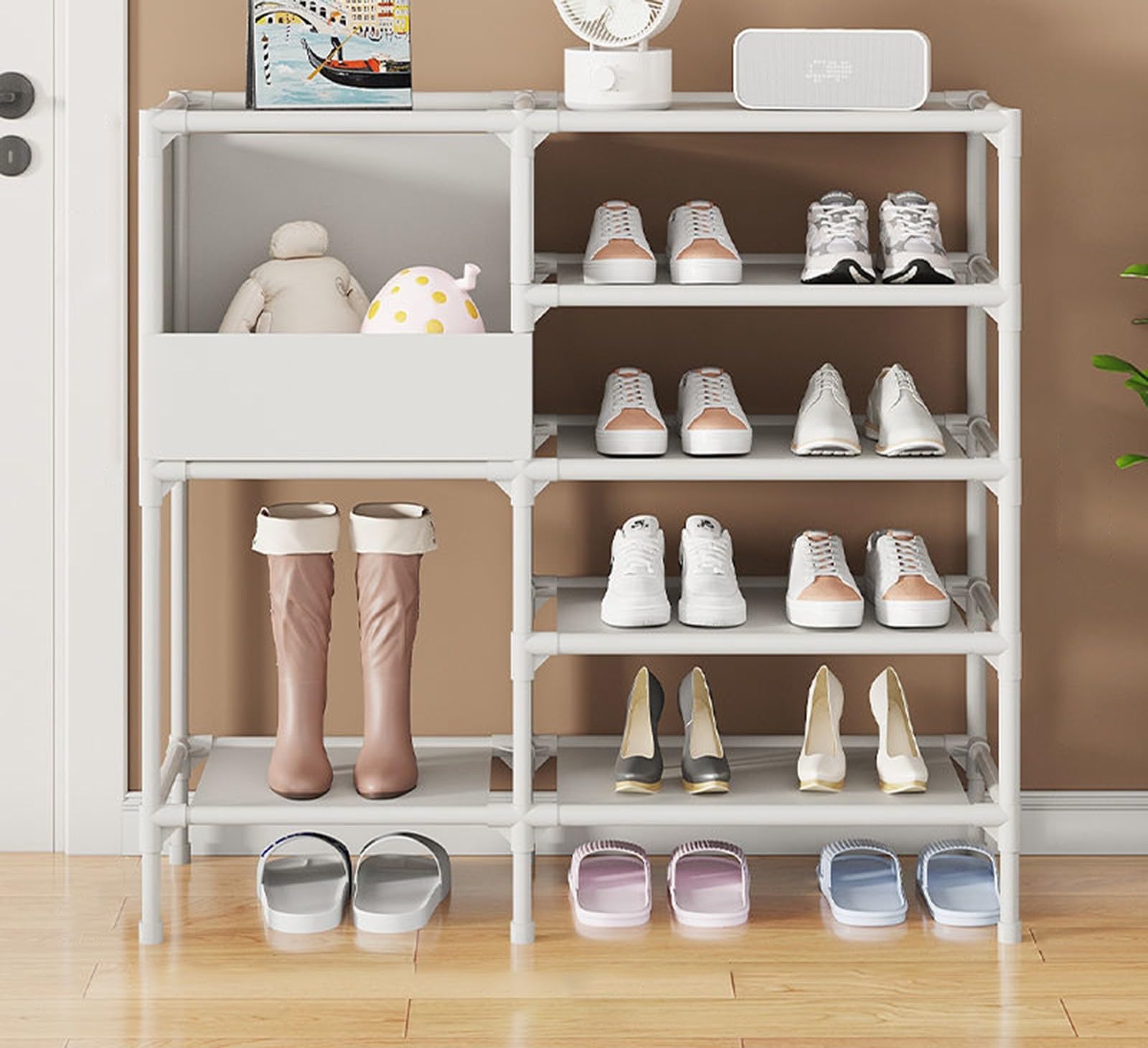 Schuhregal, Organizer, Karbonstahl, Schuhregal, mit Stofftasche zur Aufbewahrung, staubdichter Schuhschrank für Flur, Schlafzimmer, drinnen und draußen, erhöhter Boden