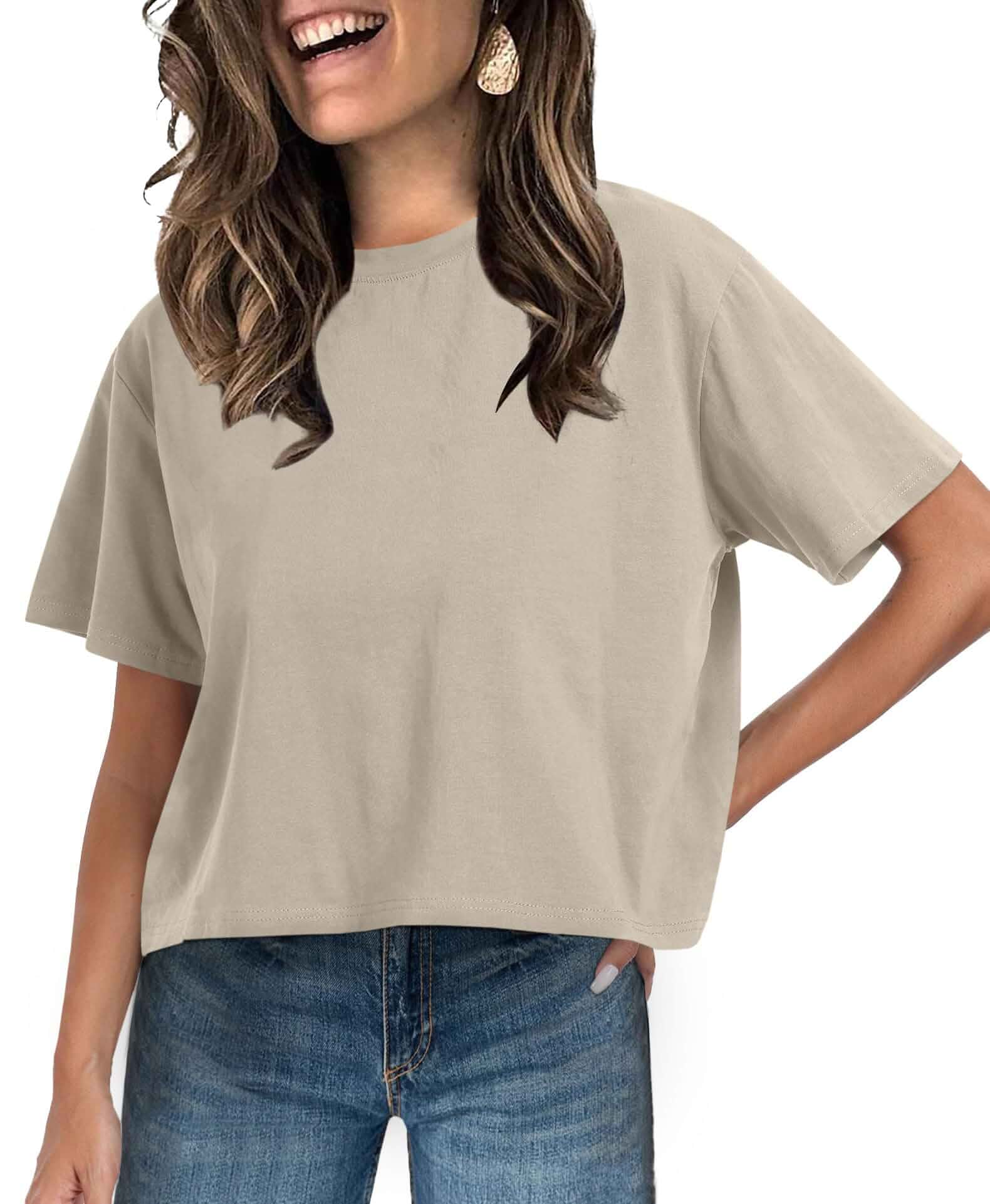 UNCLECAT Womens Short Sleeve Crop Tops Summer Basic Cropped T Shirts Workout,Casual,Crew Neck Tee,Boxy Loose Fit,Cotton Trendy Clothes