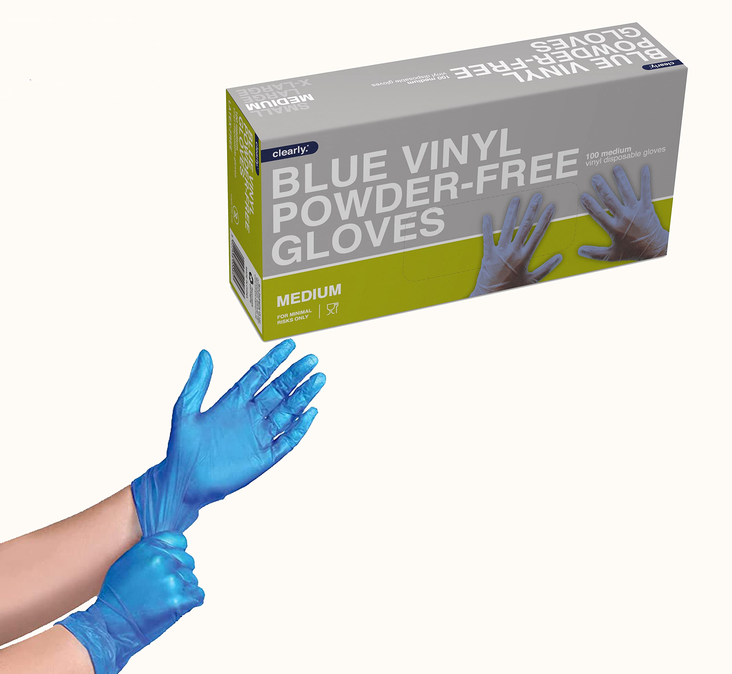 Clearly Blue Vinyl Powder-Free Latex-free Gloves, disposable gloves, Multi purpose & extra strong, Box of 100 Blue (Blue, Medium)