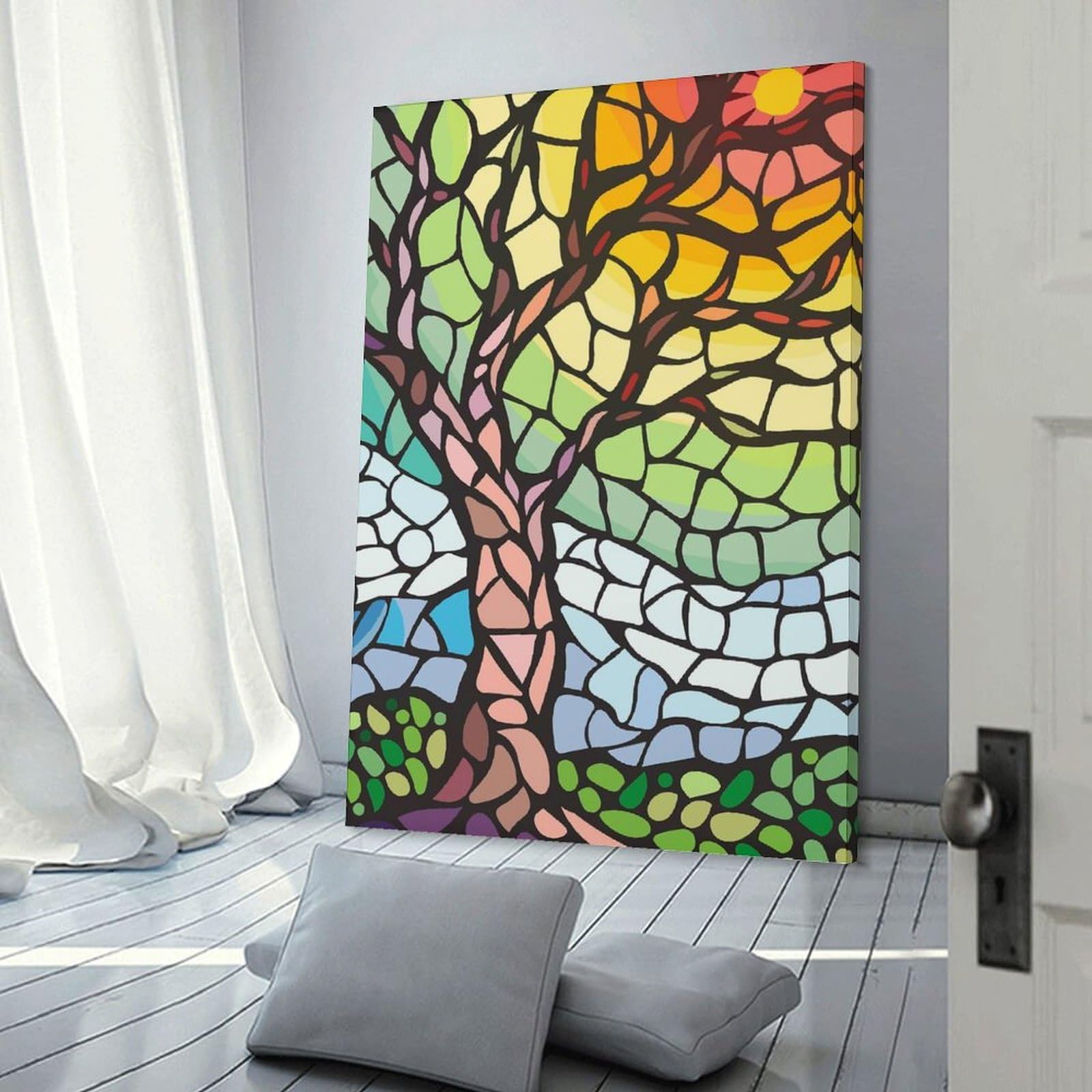 Junmoney Stained Glass Tree with Sun Canvas Wall Decor 24x36inch(60x90cm), for Calm Bedrooms, Home Corners Or Flats, An Easy Wall Refresh for Bedrooms