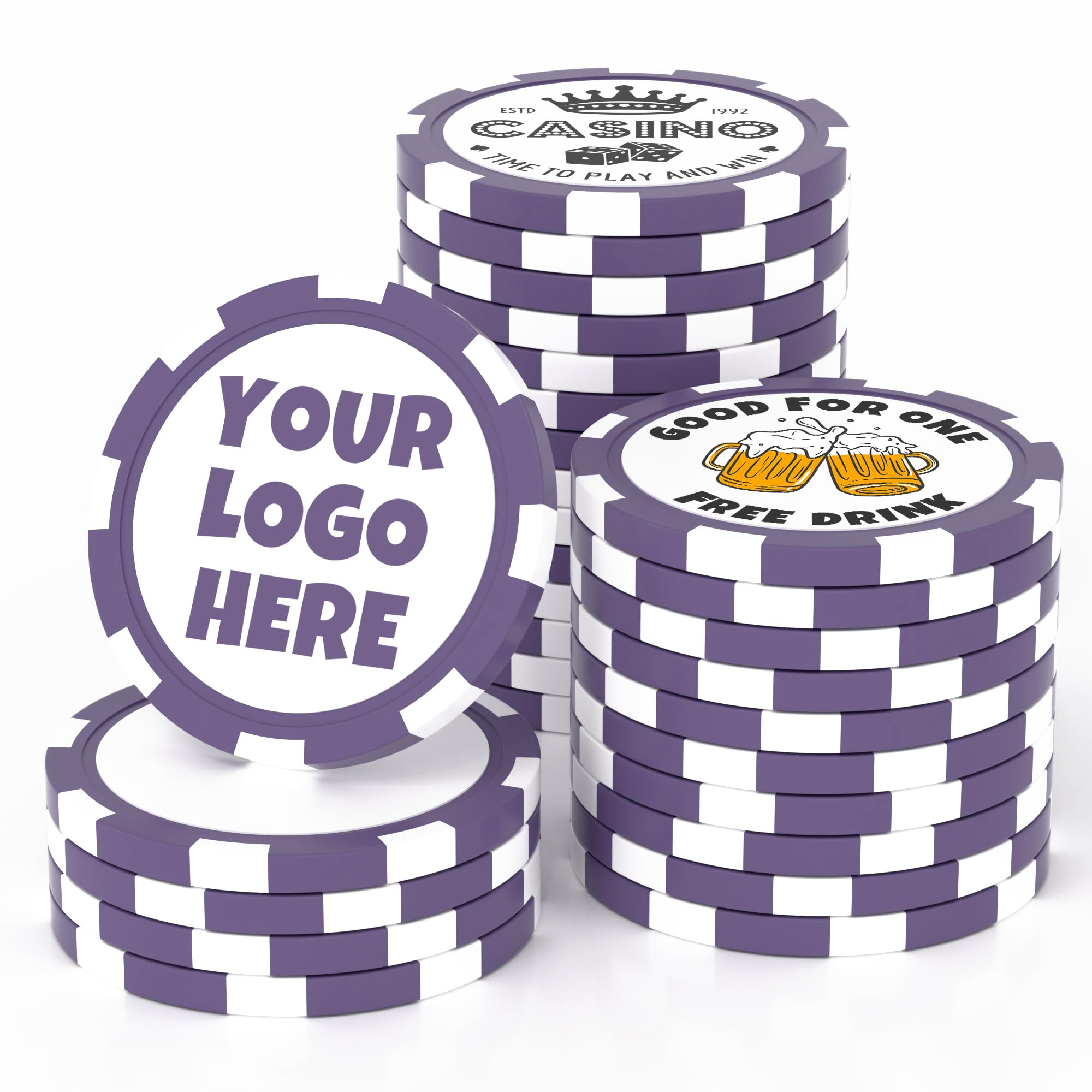 25 Custom Clay Poker Chips, 40mm Heavy 11.5 Grams Casino Sized Personalized Poker Chips with Logo or Text, Customized Drink Tokens for Bar, Party, Business Card, Golf Club or Events (Purple)