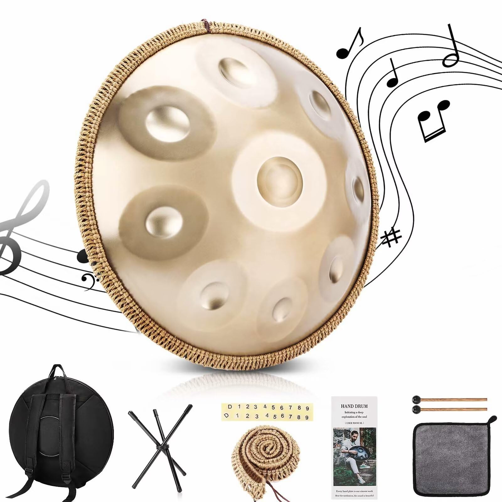 Handpan 440 Hz Re Minore, 9 Note 22 Pollici Tamburo in Acciaio Handpan Strumento Musicale, con Borsa Morbida, Mazze Per, Tripode, Panno Antipolvere, Percussioni Armoniche Per La, Yoga