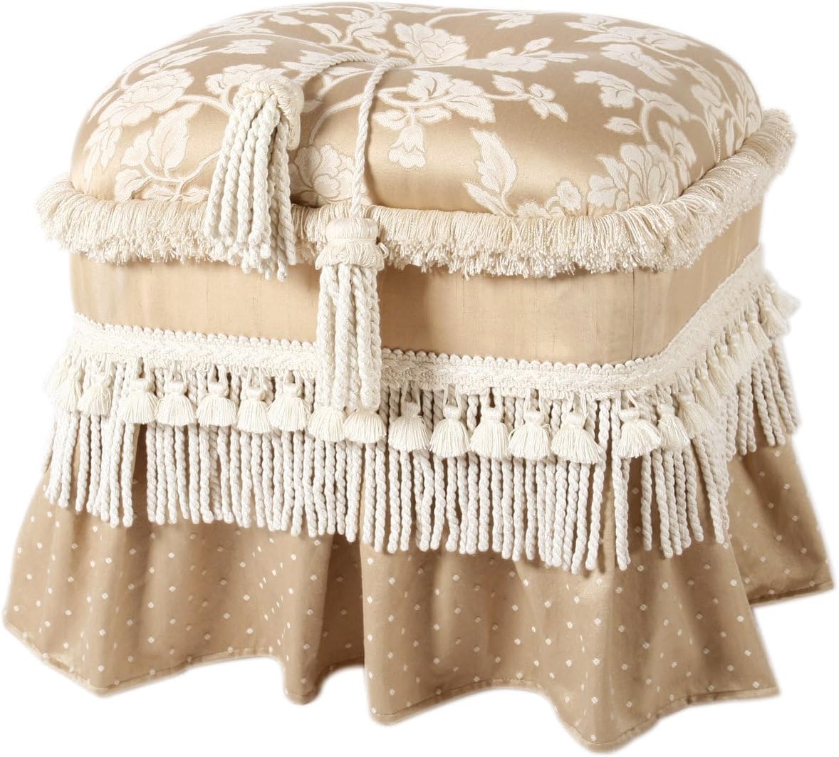 Jennifer Taylor Home Cassandra Brush Fringe And Trim Tassels With Skirt Ottoman, 19" x 18" x 15", Beige