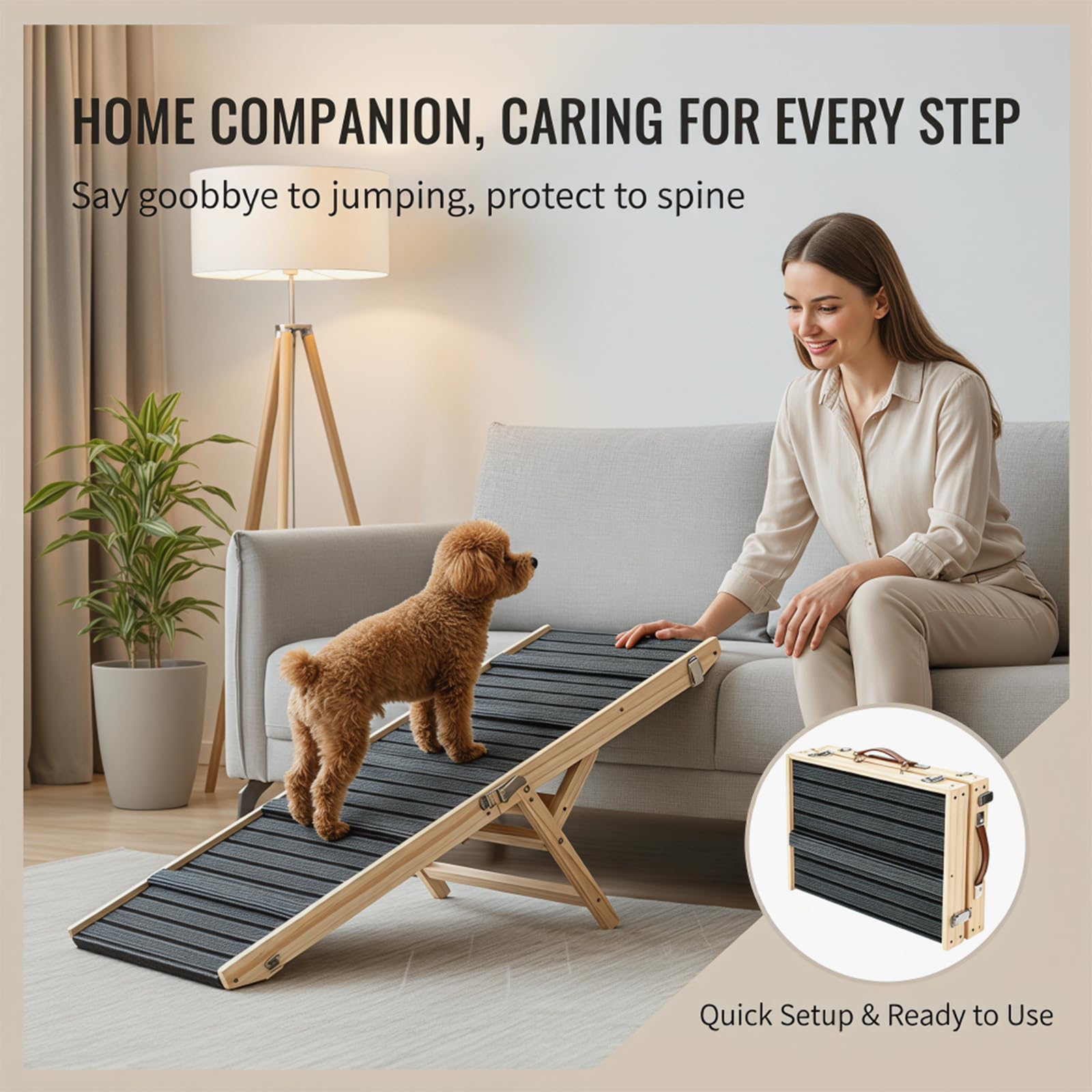 Rampa per cani in legno, 100 x 40 cm, pieghevole e regolabile in altezza, con tappetino antiscivolo, stabile per auto, divano e letto, adatta per cani di taglia piccola, anziana e media
