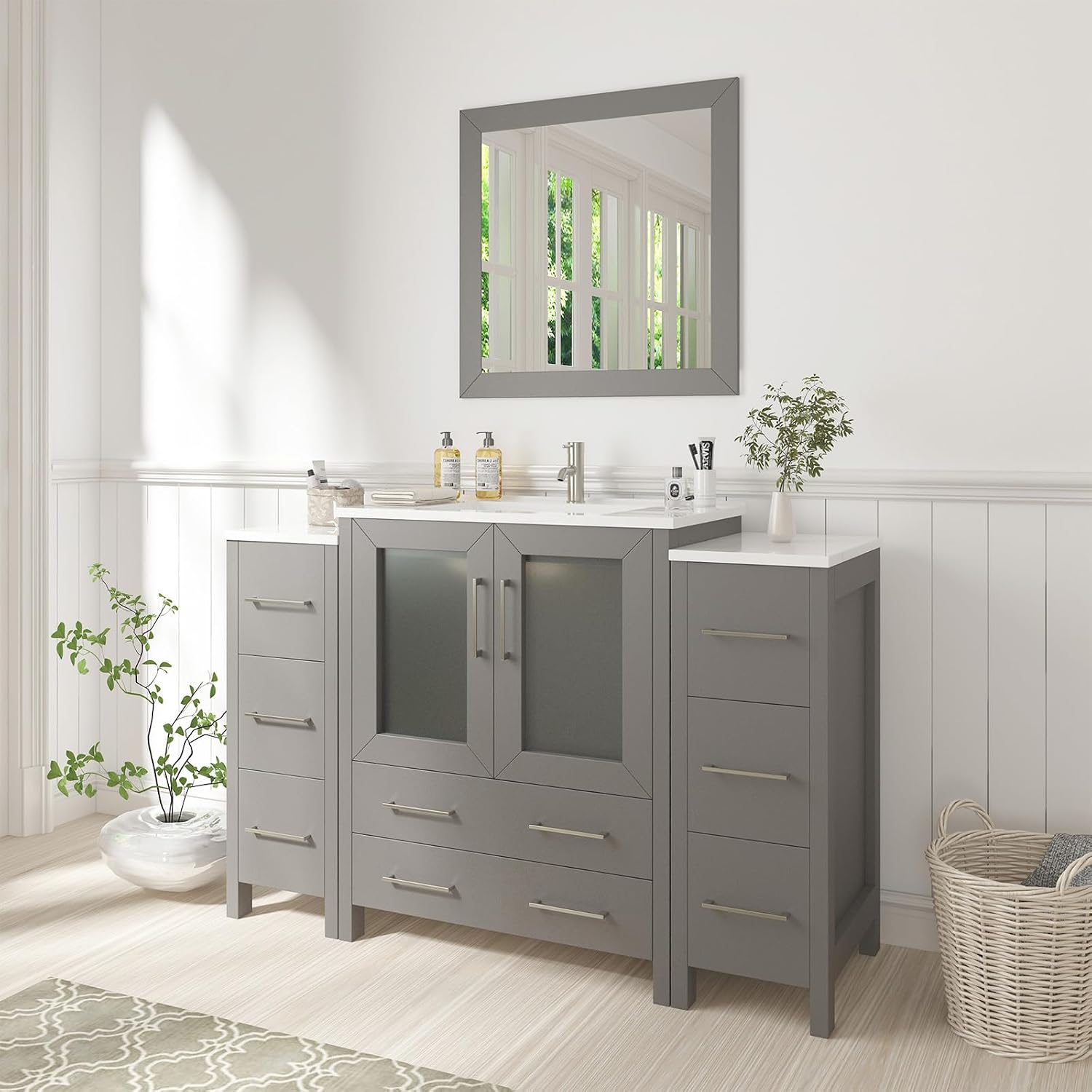 Vanity Art 54 Inch Under Mount Single Sink Bathroom Vanity Cabinet with 1 Mirror, Ceramic Top Bathroom Cabinet Compact Set with 8 Dovetail Storage Drawers and Brushed Nickel Handles, VA3030-54-G