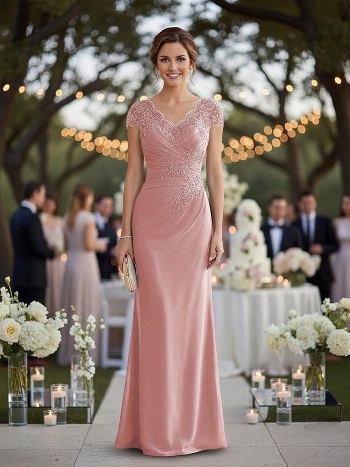 Lace Chiffon Mother of The Bride Dresses Long with Sleeves Mermaid V Neck Formal Wedding Guest Dresses for Women