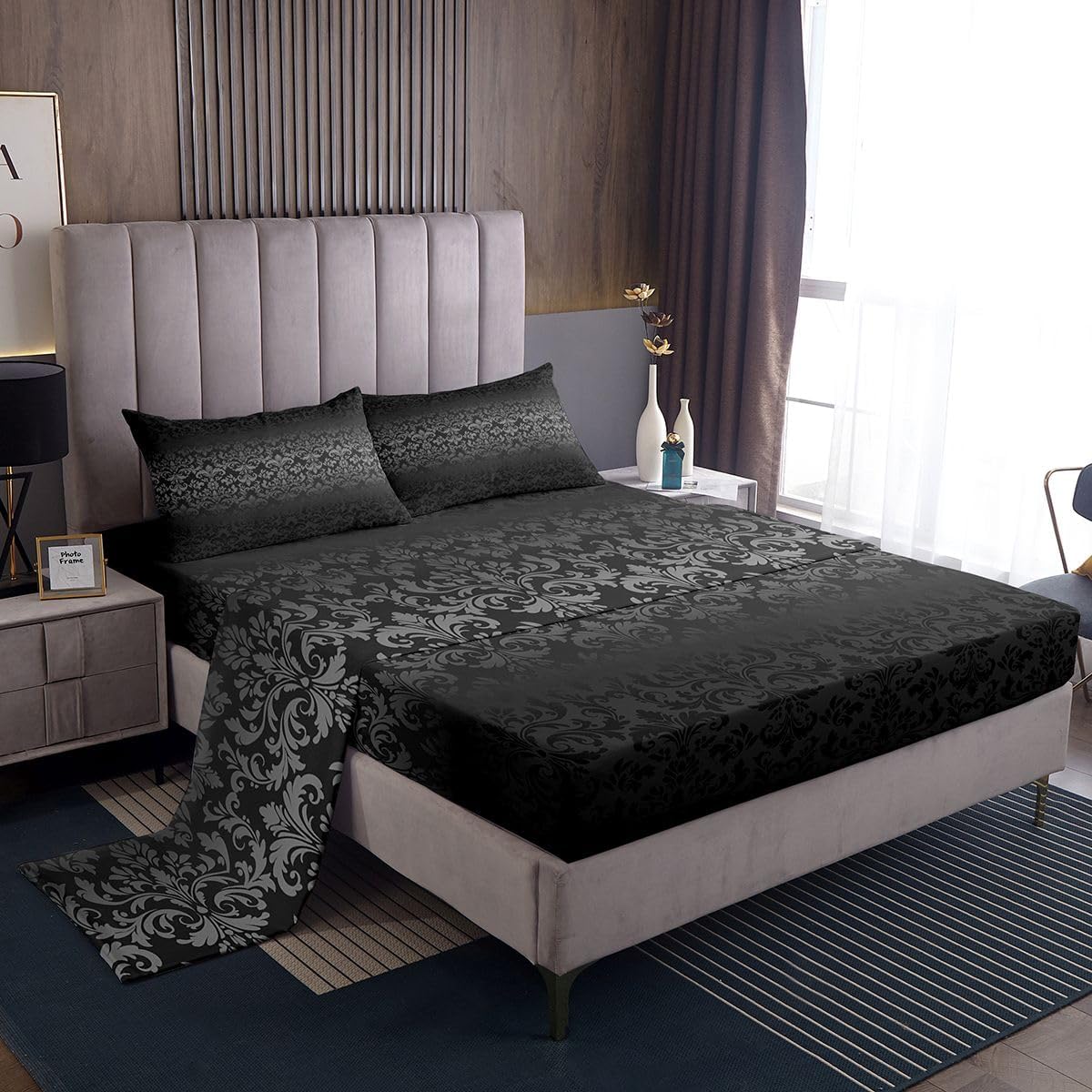 jejeloiu Gothic Damask Bed Sheets Sets Queen Size Kids Boys Girls Vintage Jacquard Bedding Set Black Exotic Floral Bed Sheet Set with 16-Inch Deep Pockets Antique Classic 4Pcs with 2 Pillow Cases