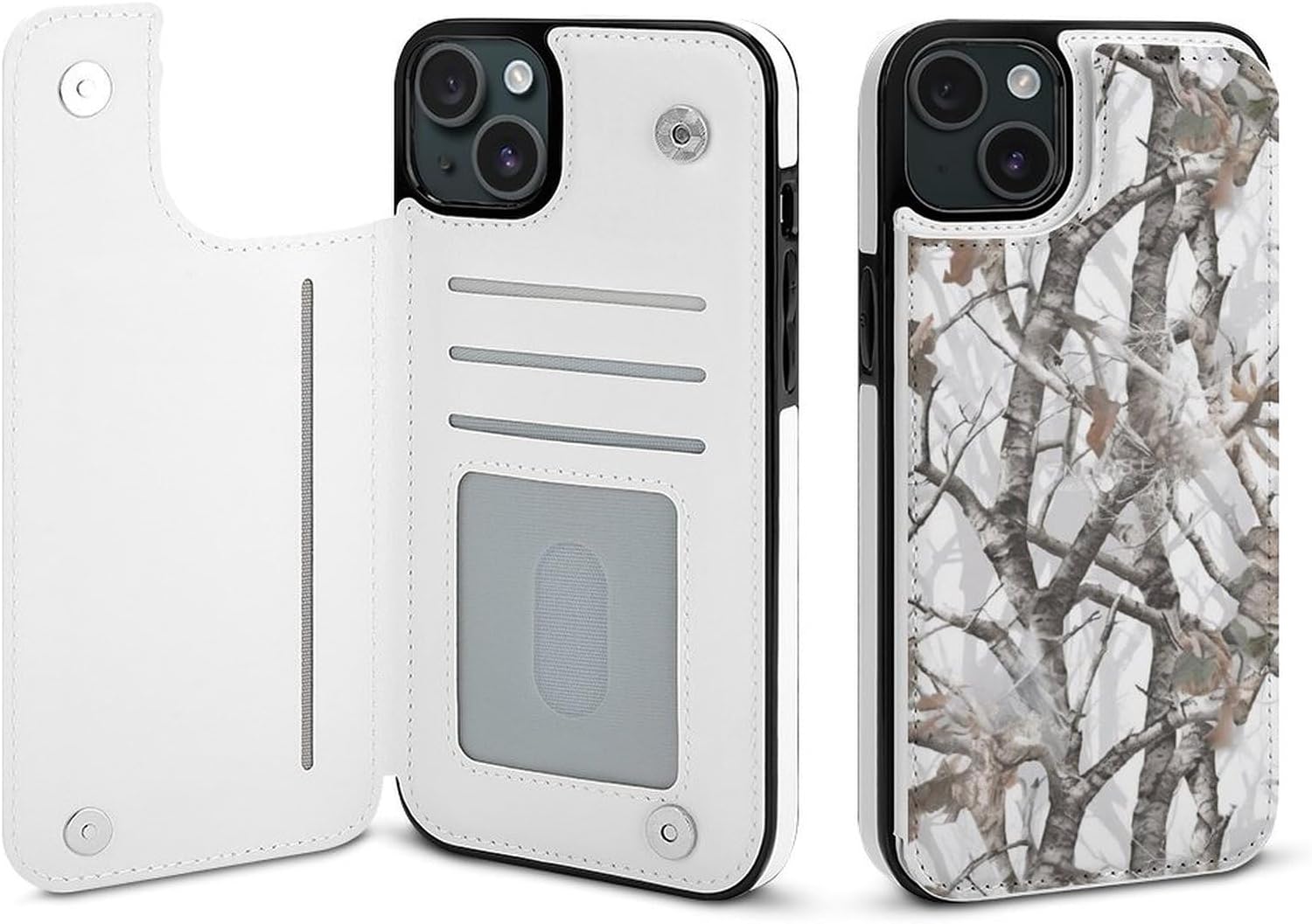 White Tree Camouflage Printed Wallet Case for iPhone 15 Plus - Flip Leather Wallet Phone Cases Cover with Card Slots