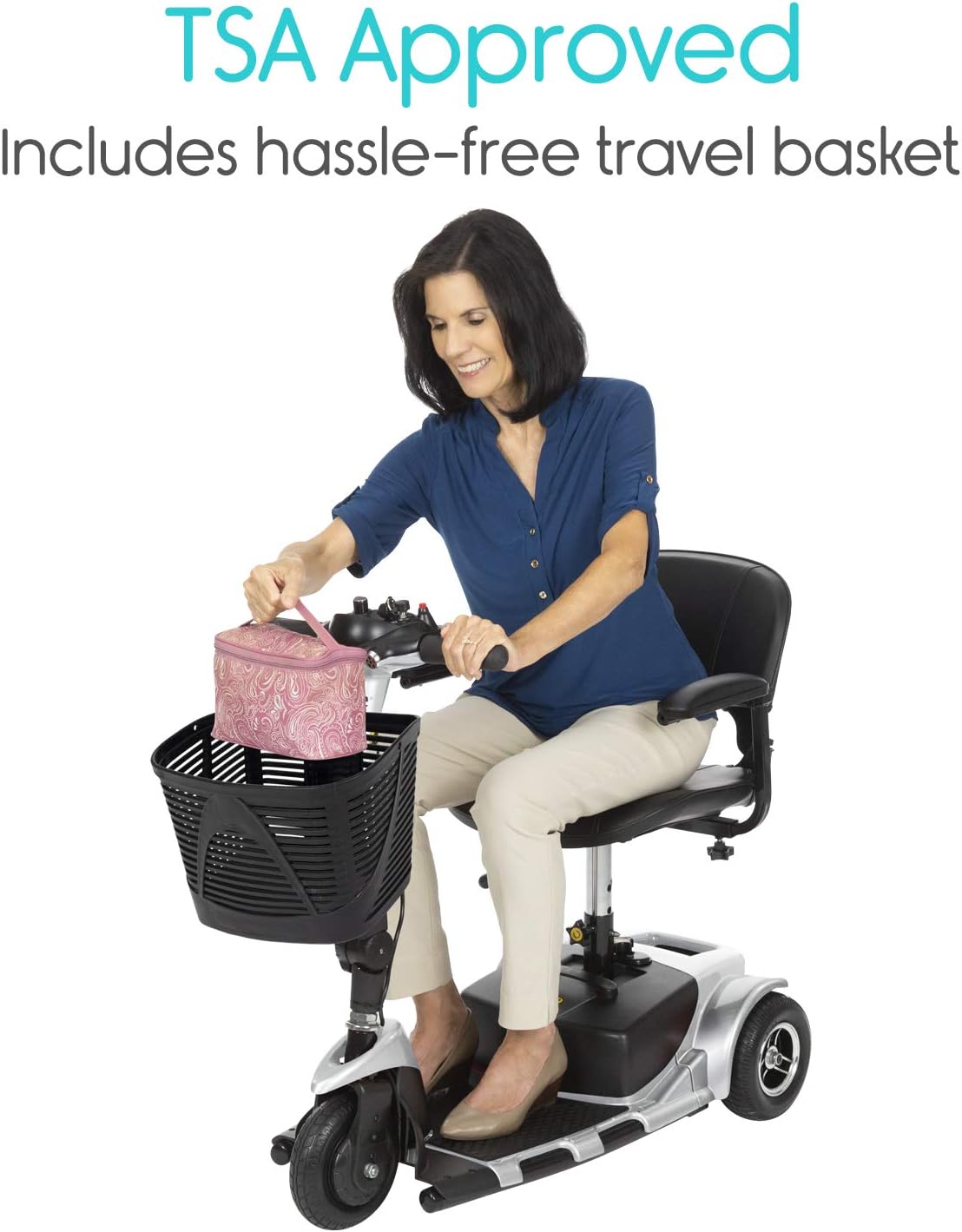 Vive 3-Wheel Mobility Scooter - Electric Powered Mobile Wheelchair Device for Adults - Folding, Collapsible and Compact for Travel - Long Range Power Extended Battery with Charger and Basket Included : Health & Household