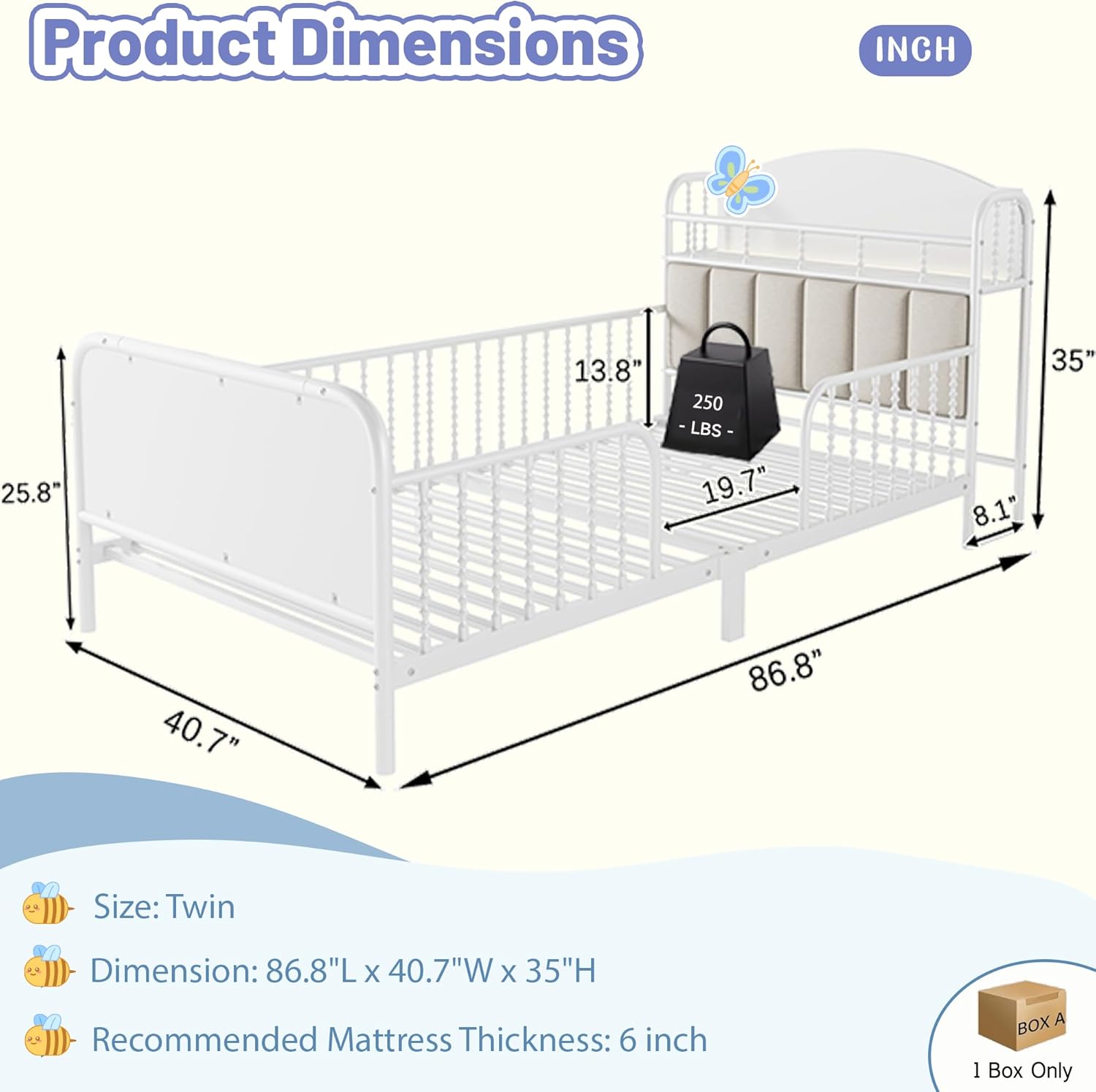 Twin Bed Frames for Kids with Rails, Metal Platform Bed with Light, Low Profile Bed with Storage and Upholstered Headboard for Boys and Girls, White