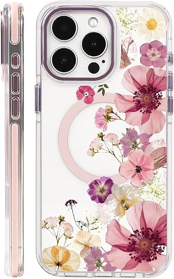 for Magnetic Clear Case for iPhone 16 Pro Max Compatible with Magsafe, Various Dried Flowers-02 Phone Case, Soft Silicone Shockproof Protective Cover Cases for iPhone 16 Pro Max-Pink